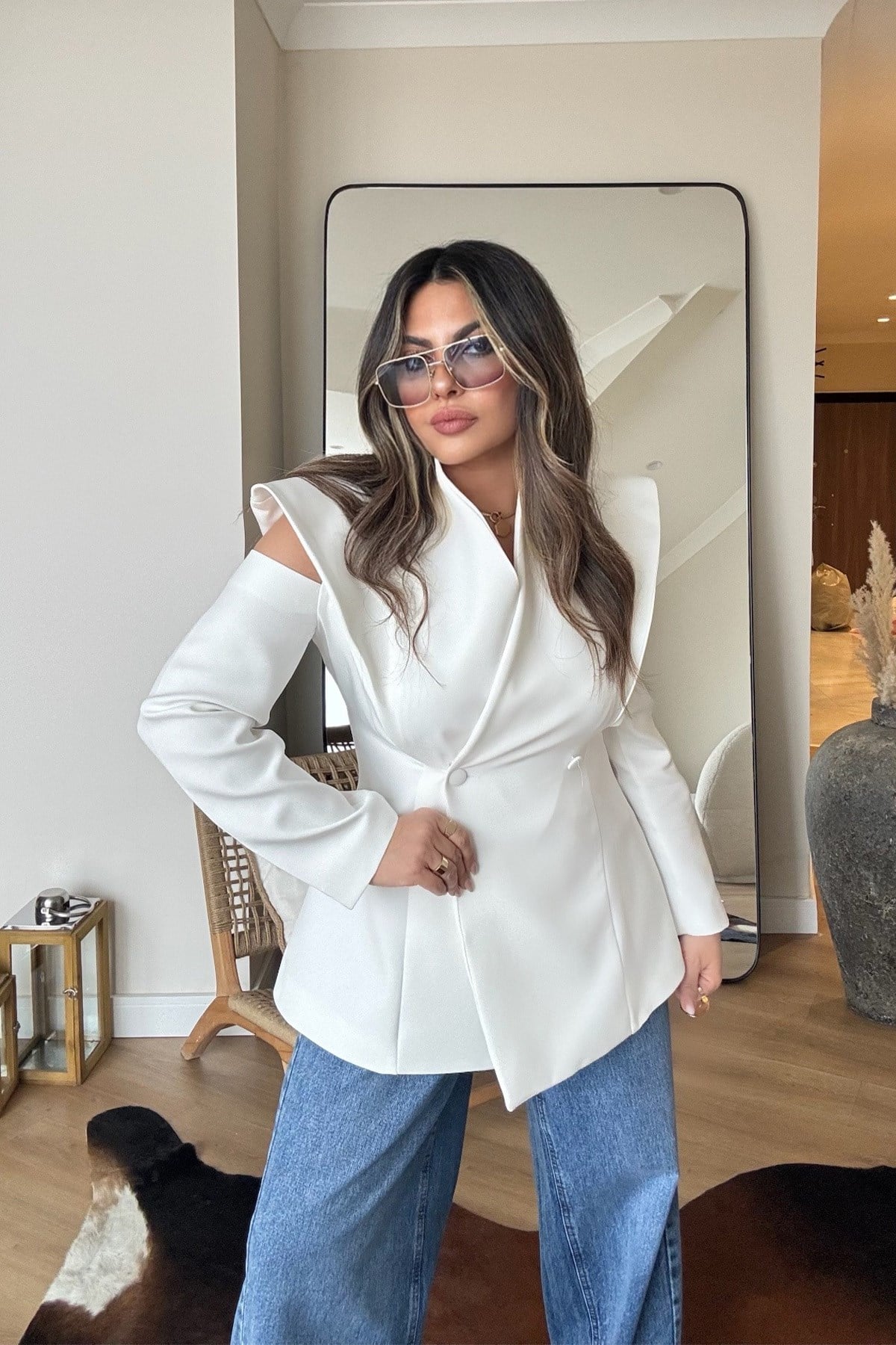 Pencereli Omuz Detay Blazer Ceket Ekru