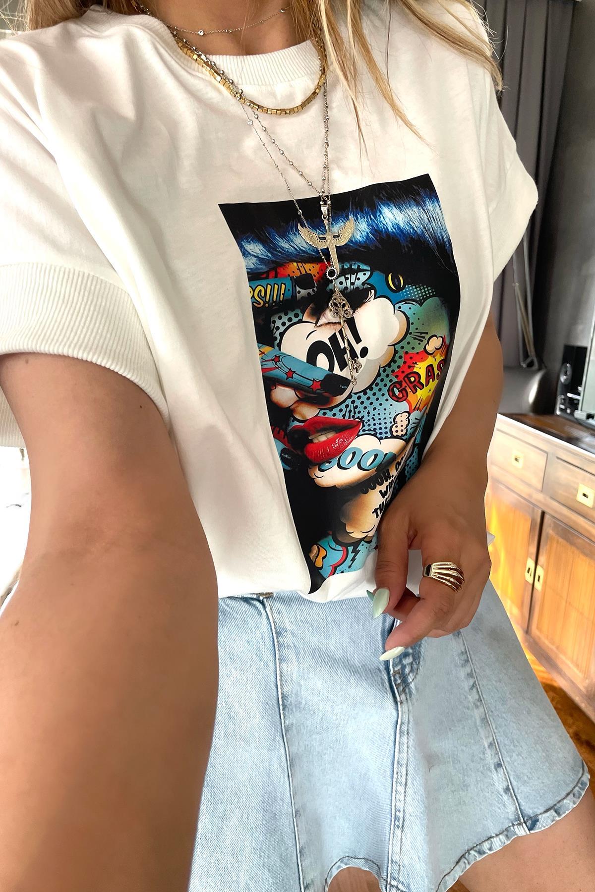 Pop-up Desen Büzgülü Tshirt Ekru
