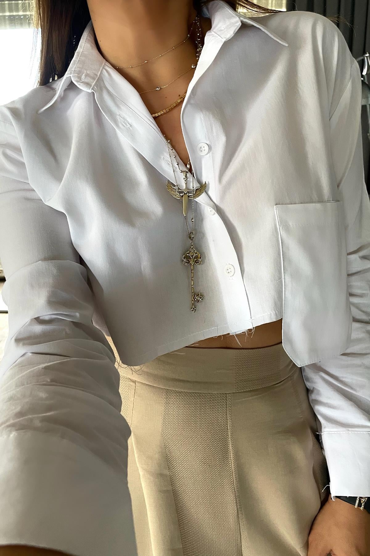 Poplin Cepli Crop Gömlek Beyaz