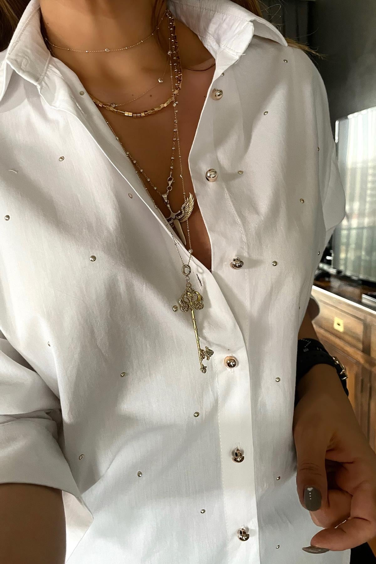 Poplin Gold Troklu Gömlek Beyaz