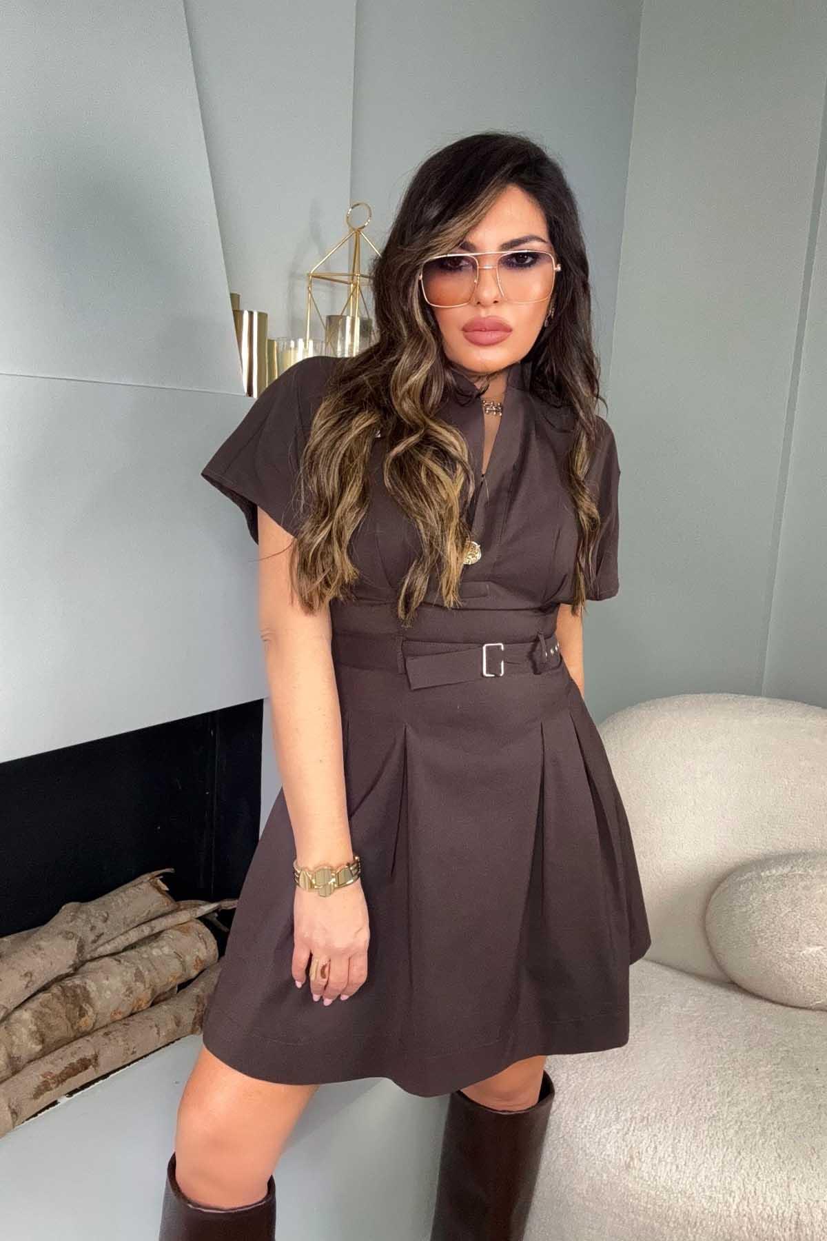 Poplin Kumaş Kemerli Elbise Acı Kahve