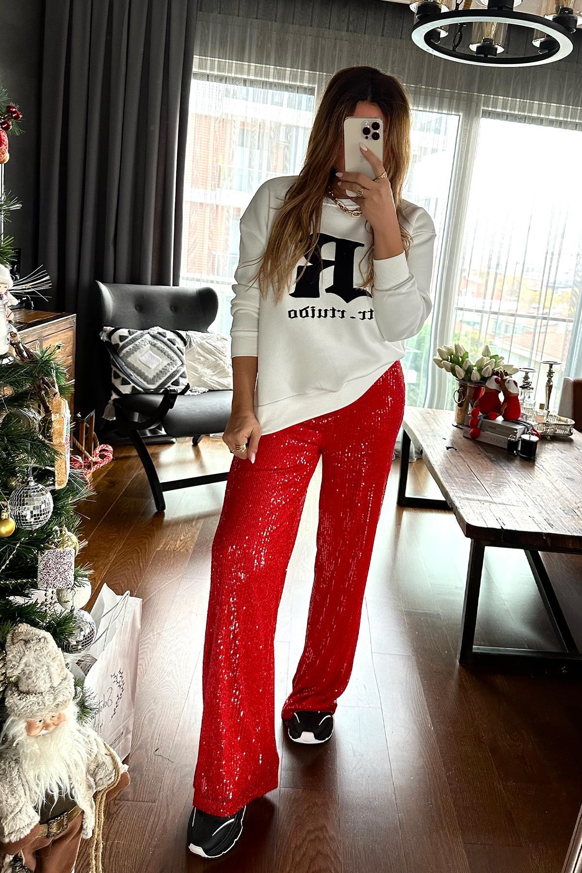 R Baskılı İşlmeli Sweat Ekru