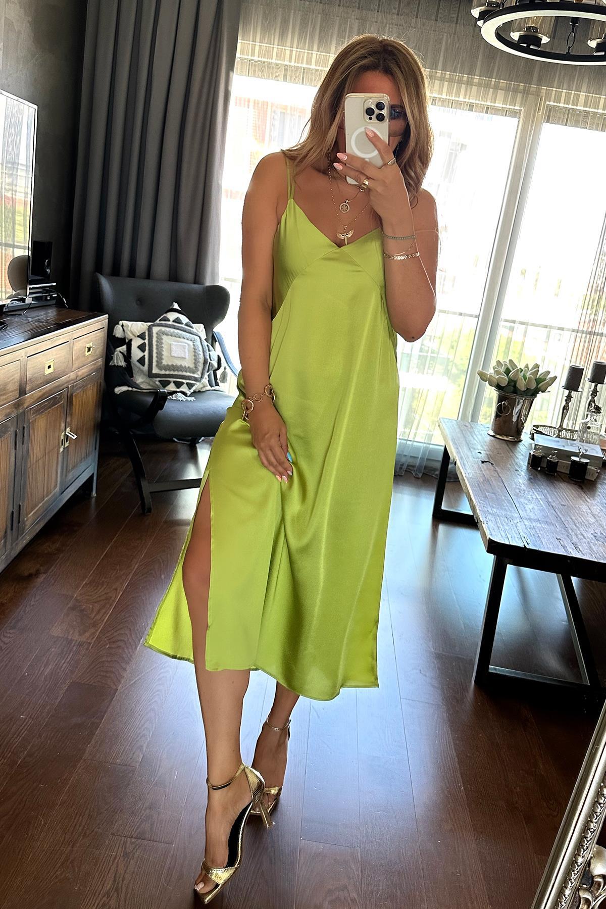 Saten İnce Askılı Yırtmaçlı Elbise Fıstık Yeşili
