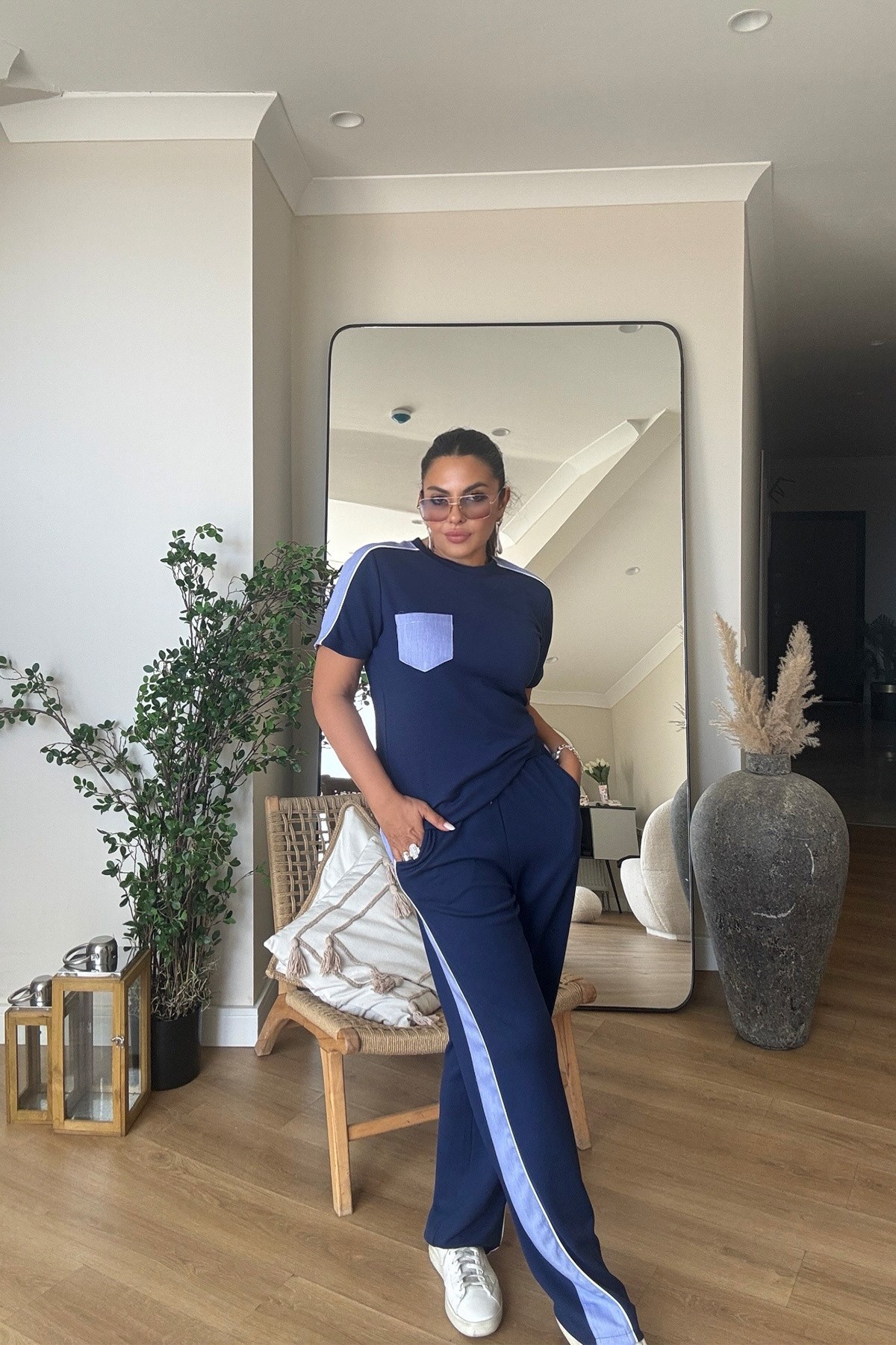 Şerit Garnili Modal Kumaş Takım Lacivert