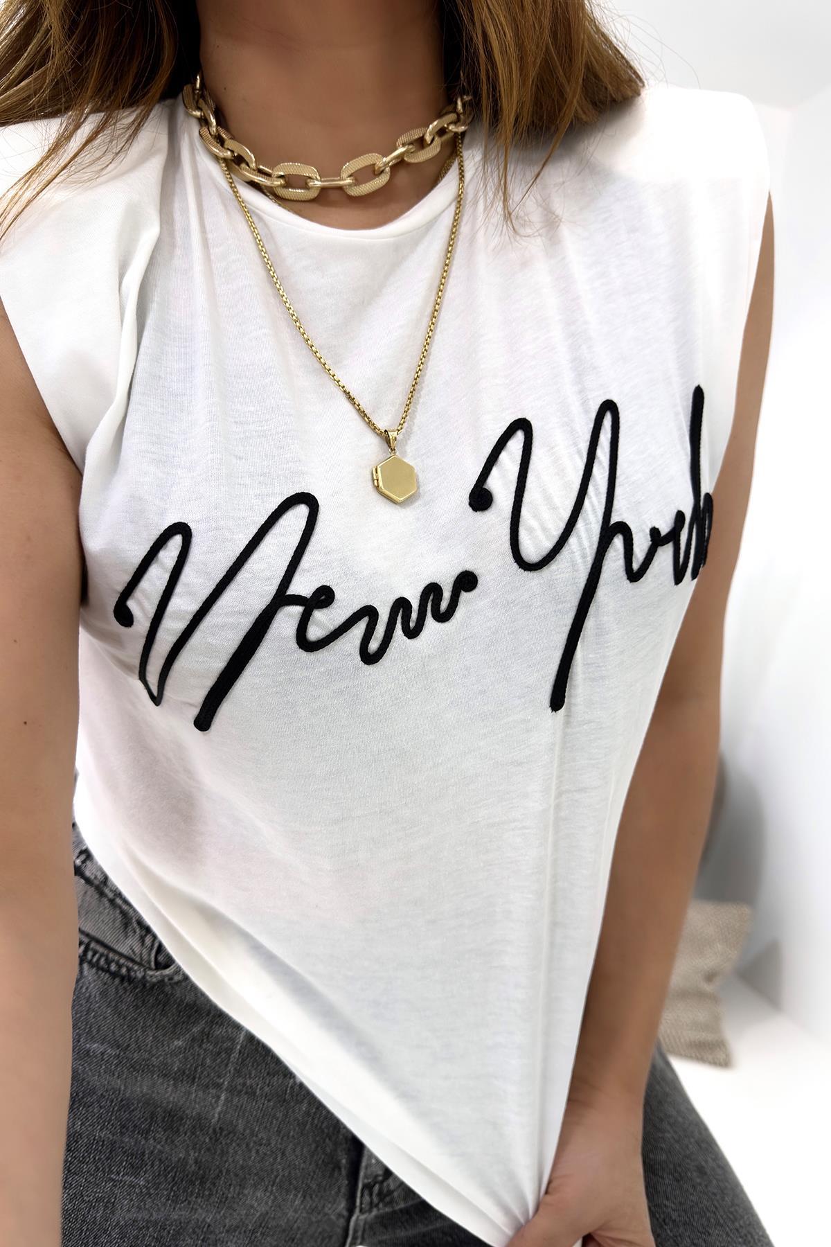 Şerit İp Yazılı Vatkalı Tshirt Ekru