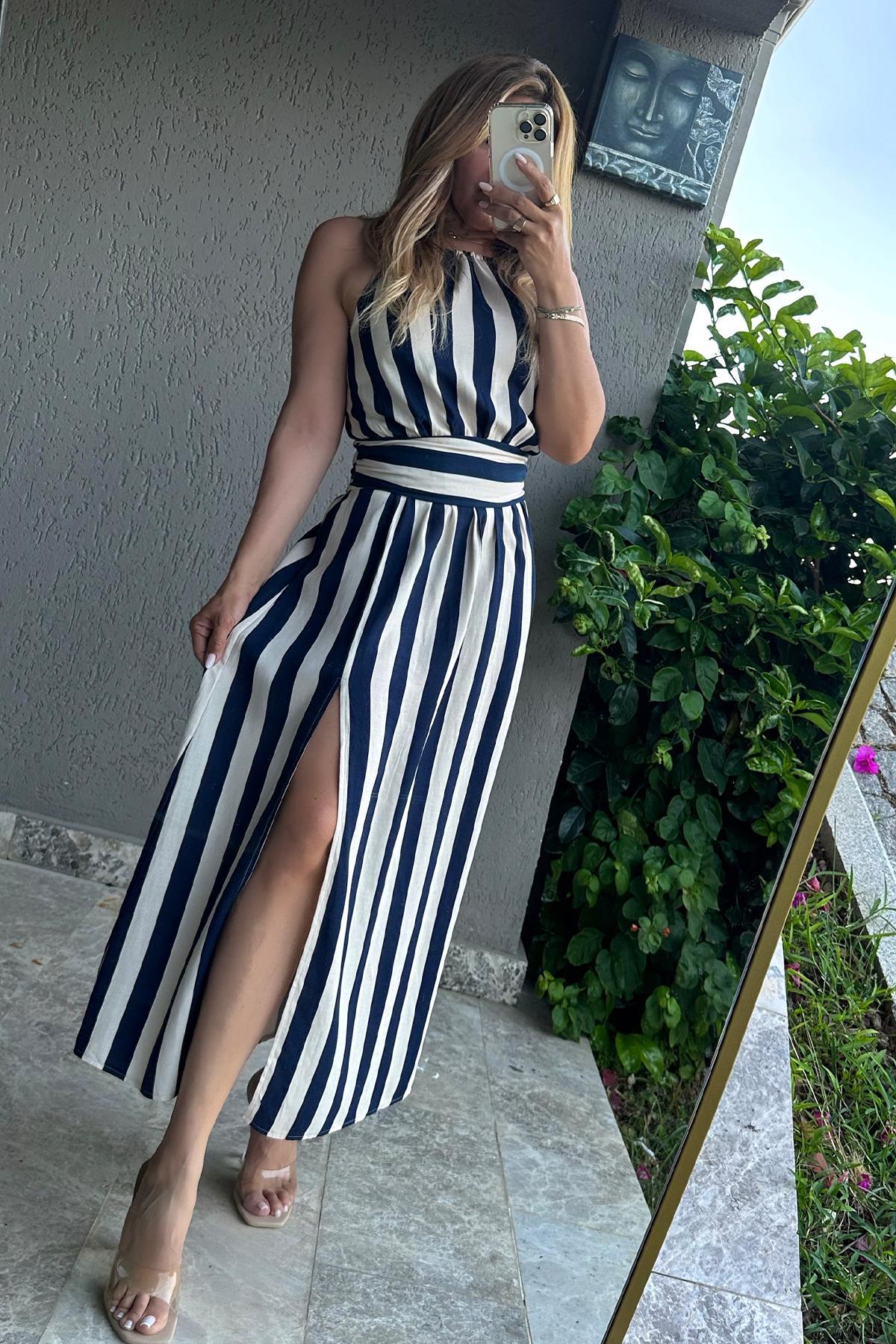 Şeritli Reglan Askılı Elbise Lacivert