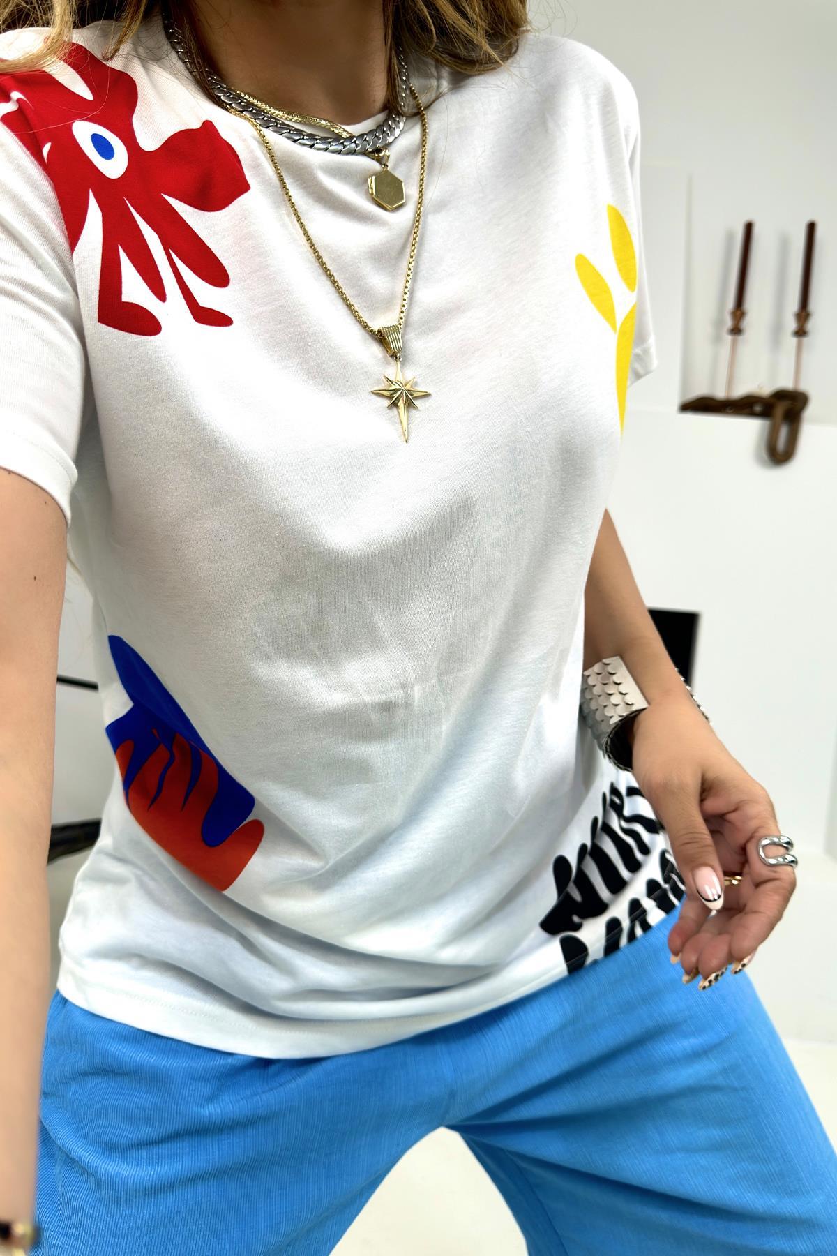 Serpme Çiçek Baskılı Tshirt Ekru