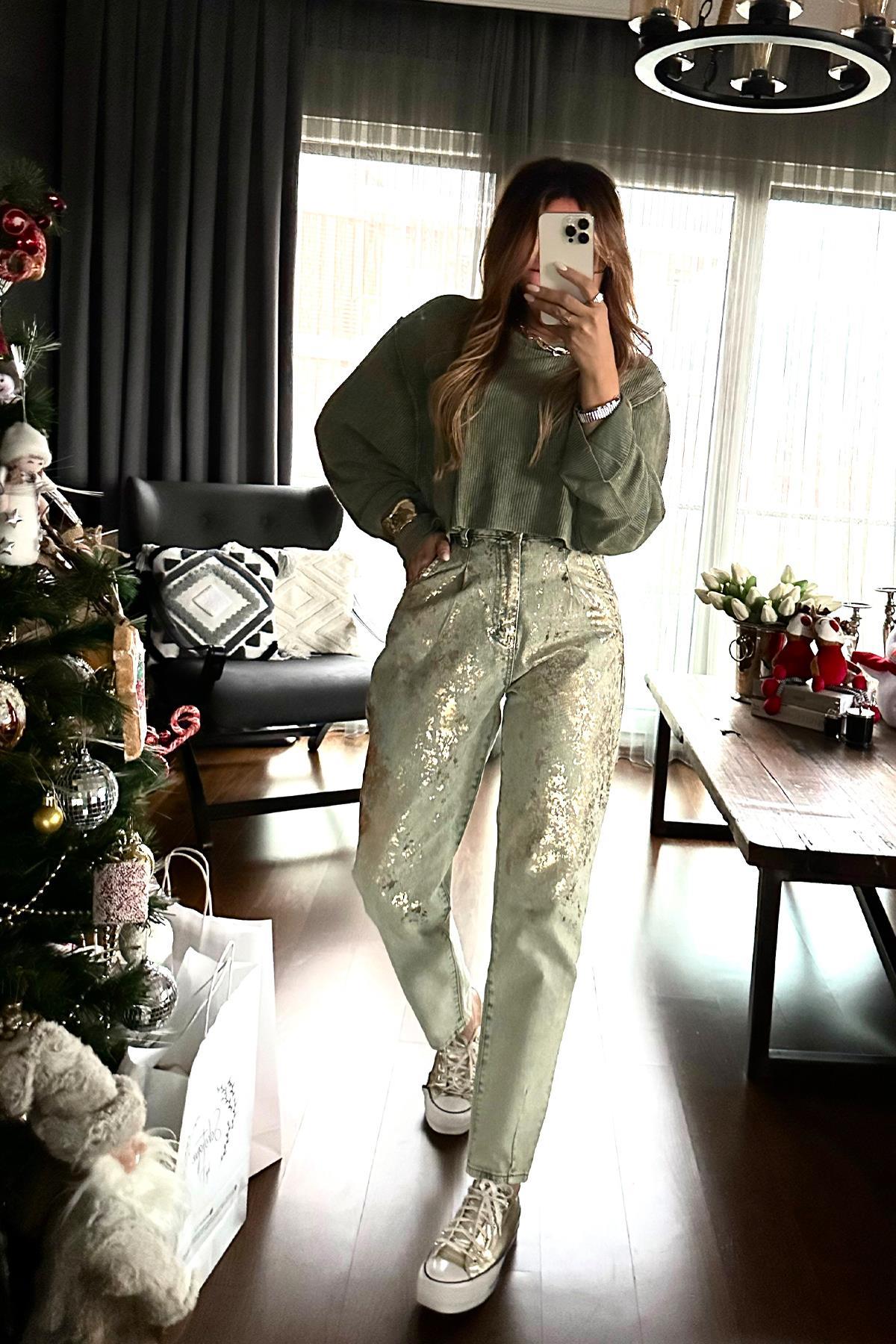 Serpme Gold Varaklı Pensli Jean Mint