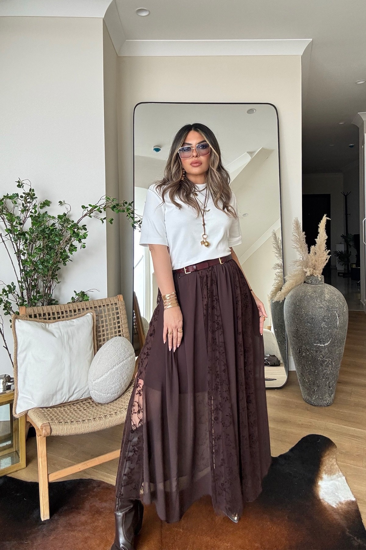 Şifon Çiçek Kabartmalı Kloş Etek Kahve