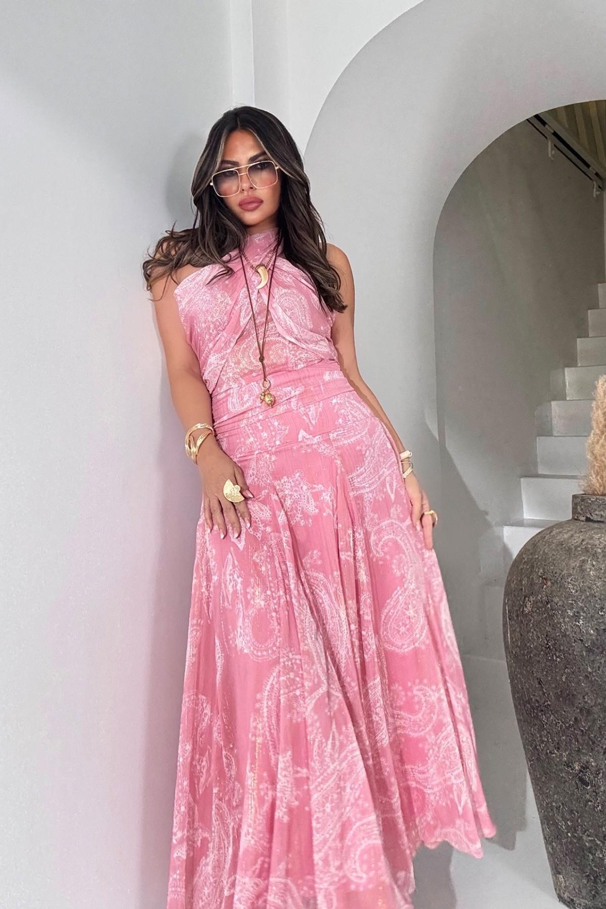 Şifon Drapeli Simli Yansımalı Etek Pembe