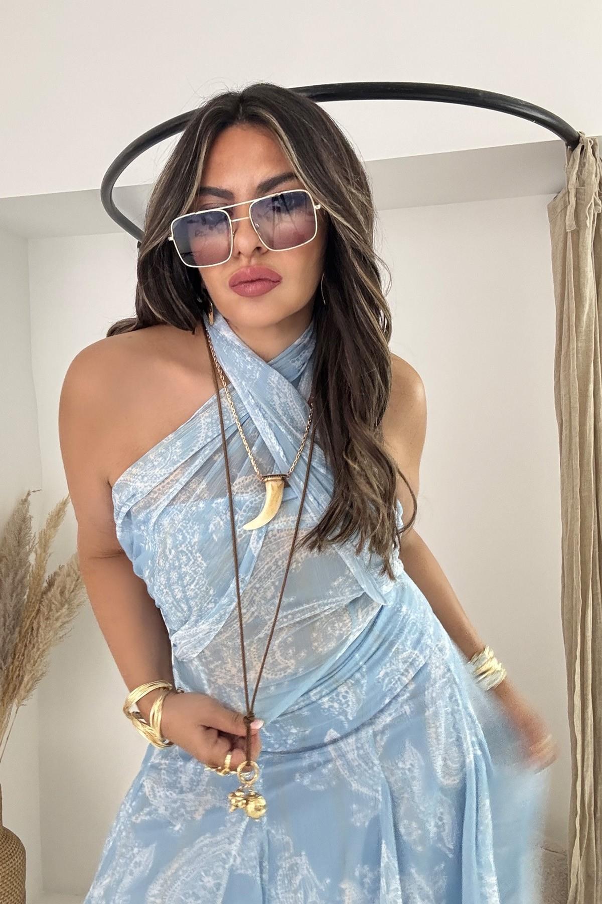 Şifon Simli Yansımalı Bluz Mavi