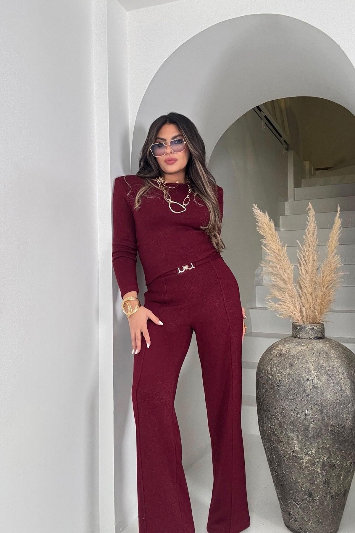 Simli Örme Sırt Detaylı Takım Bordo