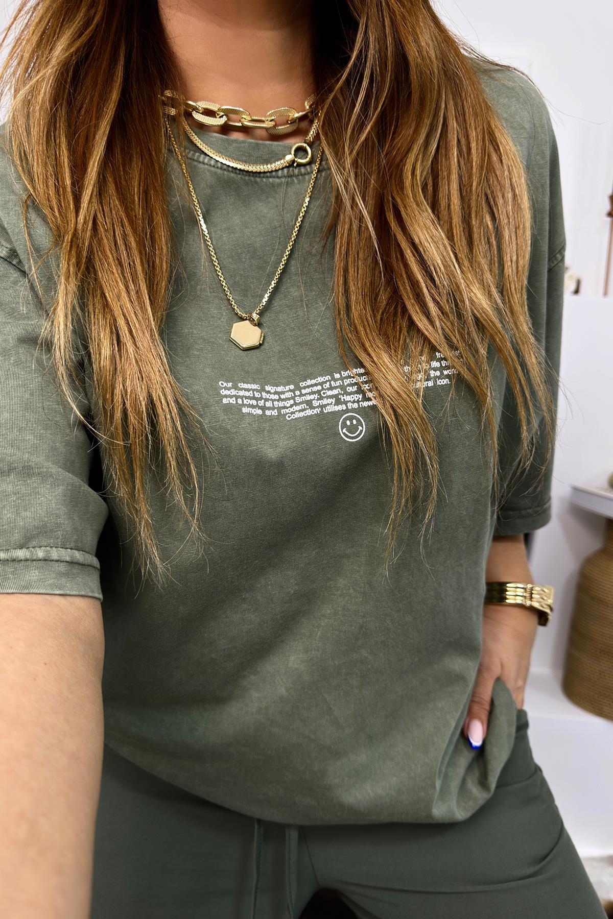 Sırt Baskı Detaylı Smiley Tshirt Haki