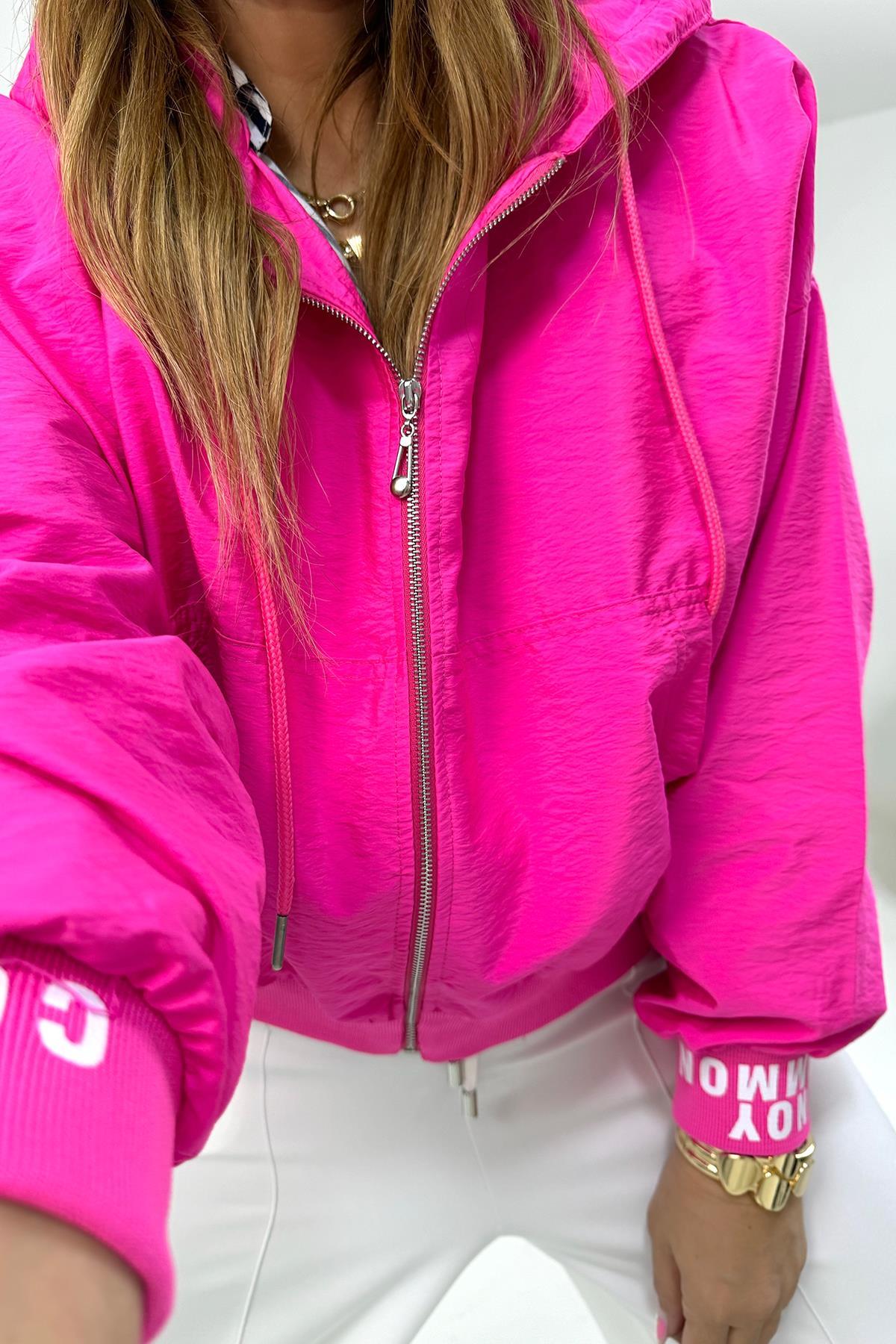 Sırt Baskılı Rüzgarlık Neon Pembe
