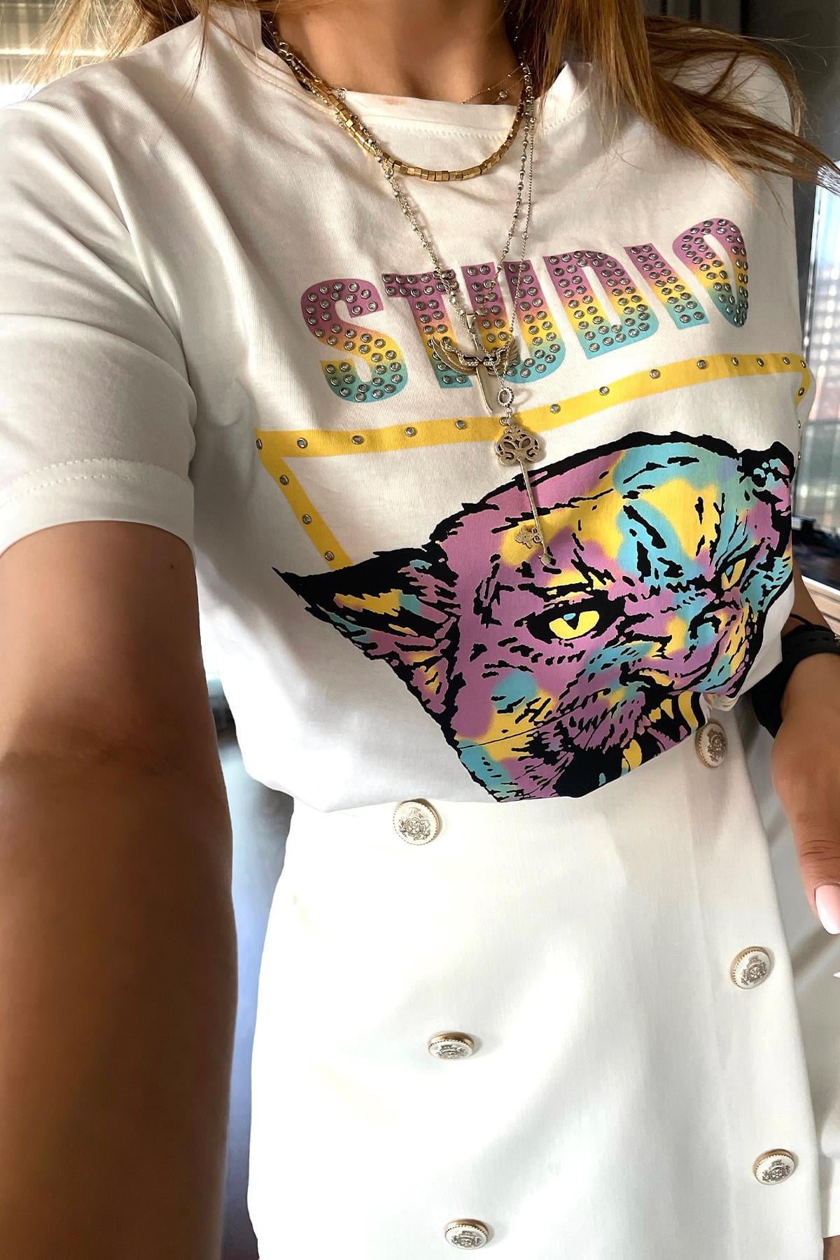 Studio Taşlı Tshirt Ekru