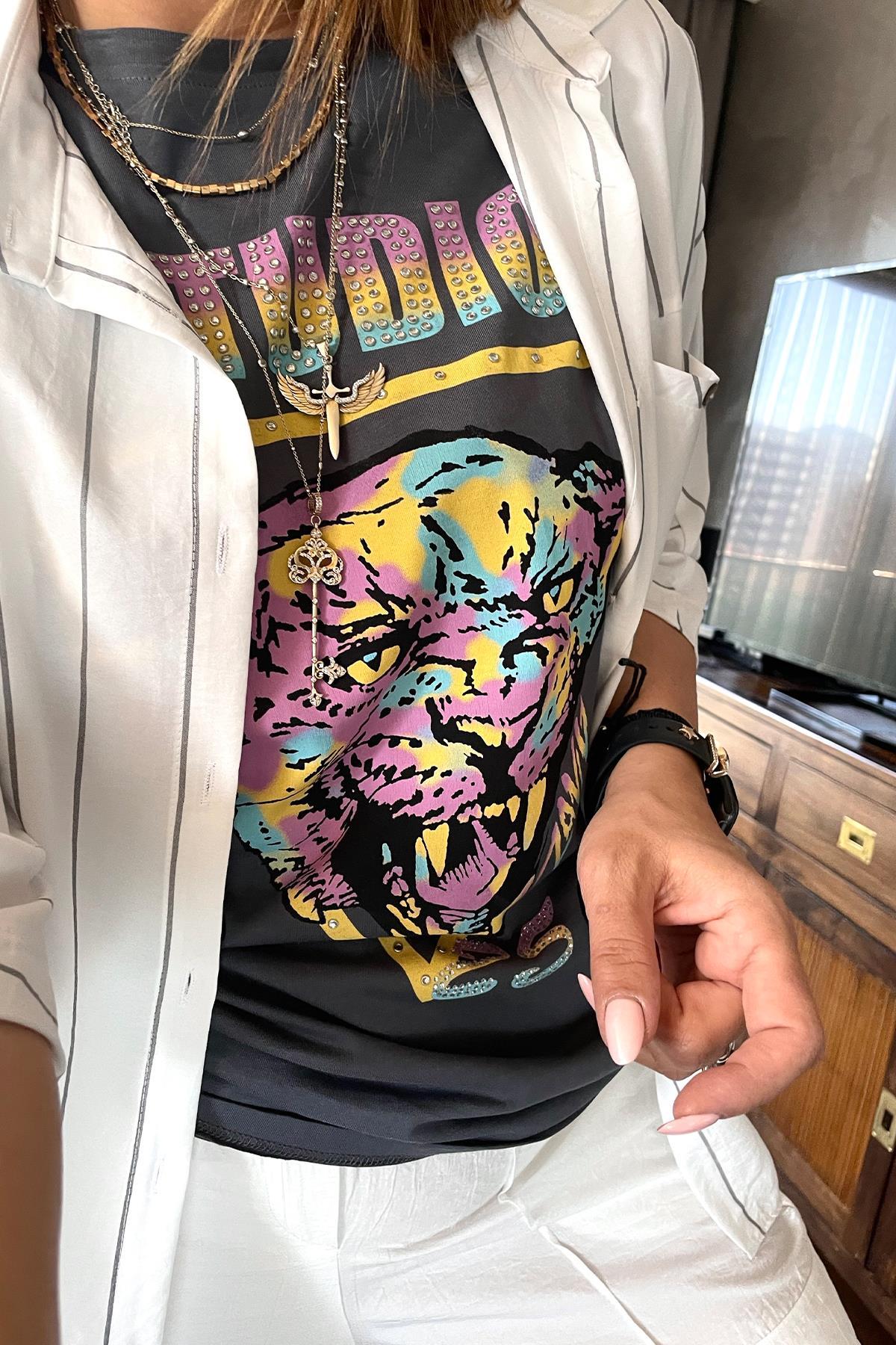 Studio Taşlı Tshirt Füme