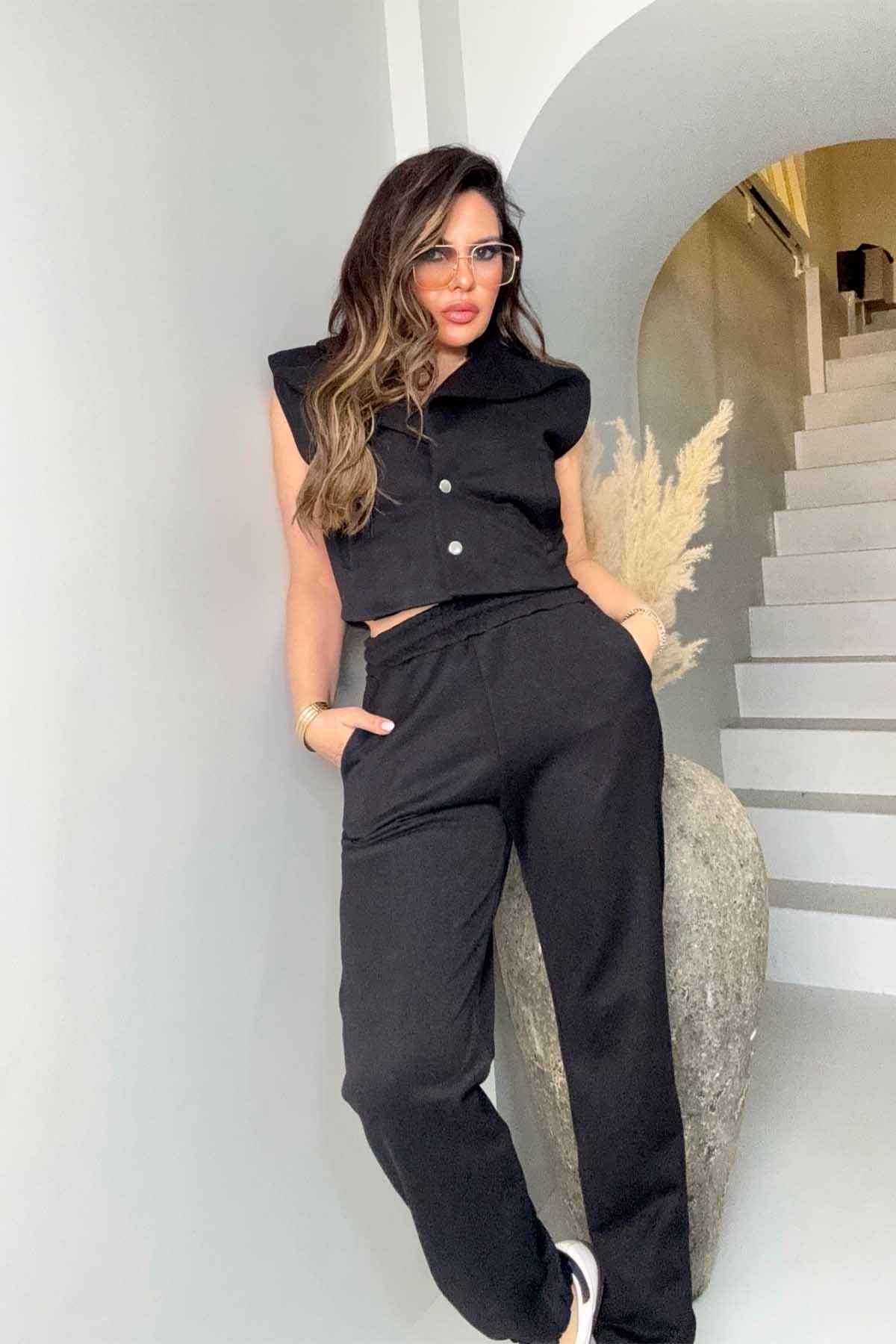 Sweat Kumaş Yelek Eşofman Takım Siyah