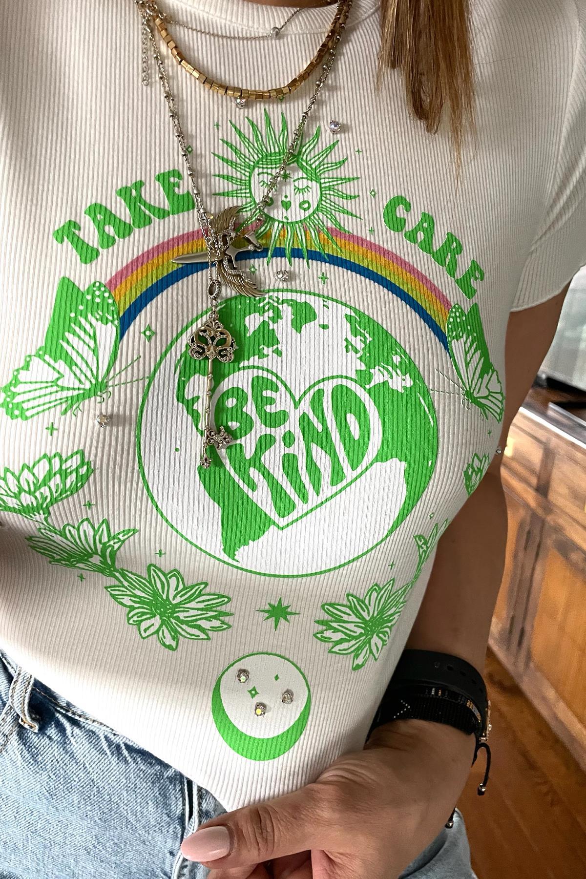 Taş Aksesuarlı Baskılı Crop Tshirt Ekru