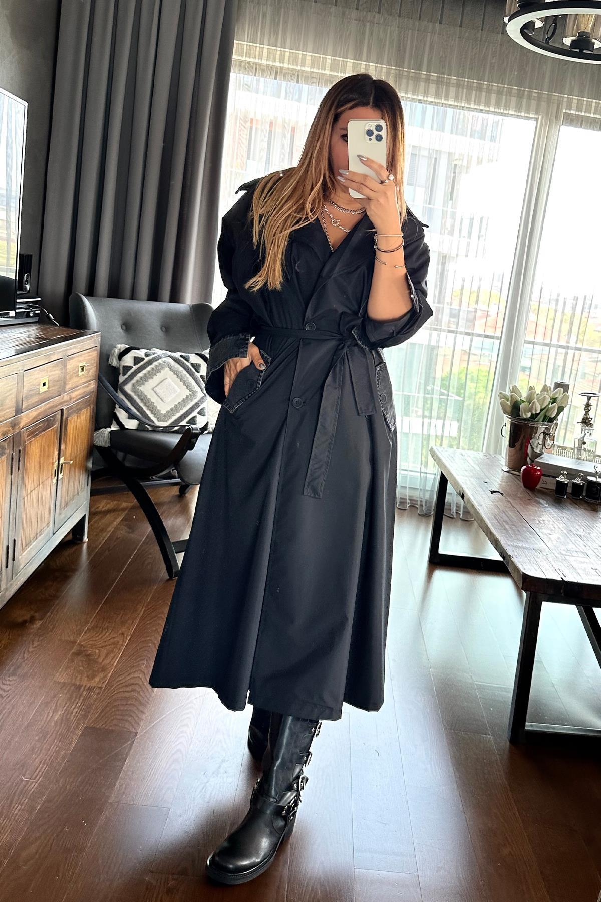 Tasarım Jean Garnili Paraşüt Trenchcoat Siyah