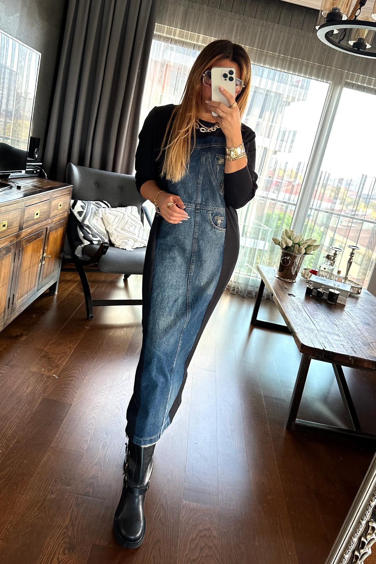 Tasarım Jean Garnili Sweat Elbise Siyah