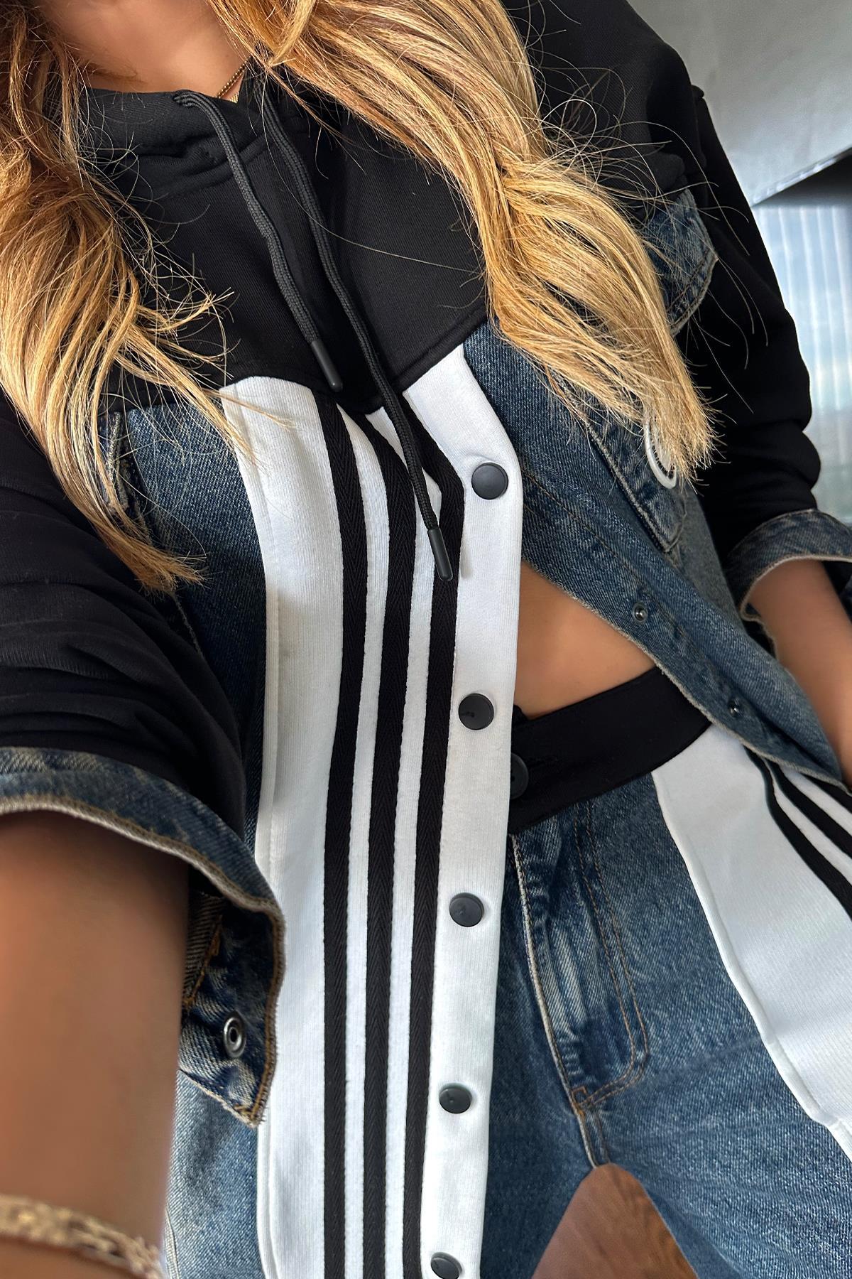 Tasarım Jean Garnili Sweatshirt Siyah-Beyaz