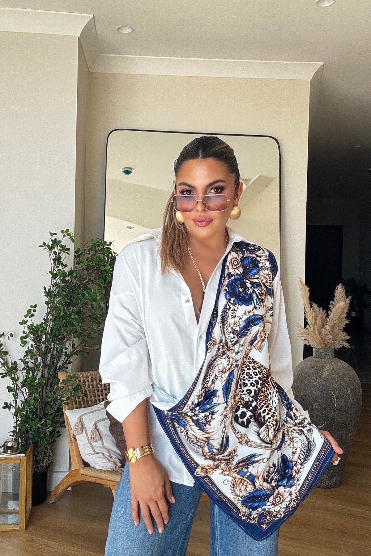 Tasarım Marka Model Leopar Baskılı Gömlek Saks Mavi-Ekru