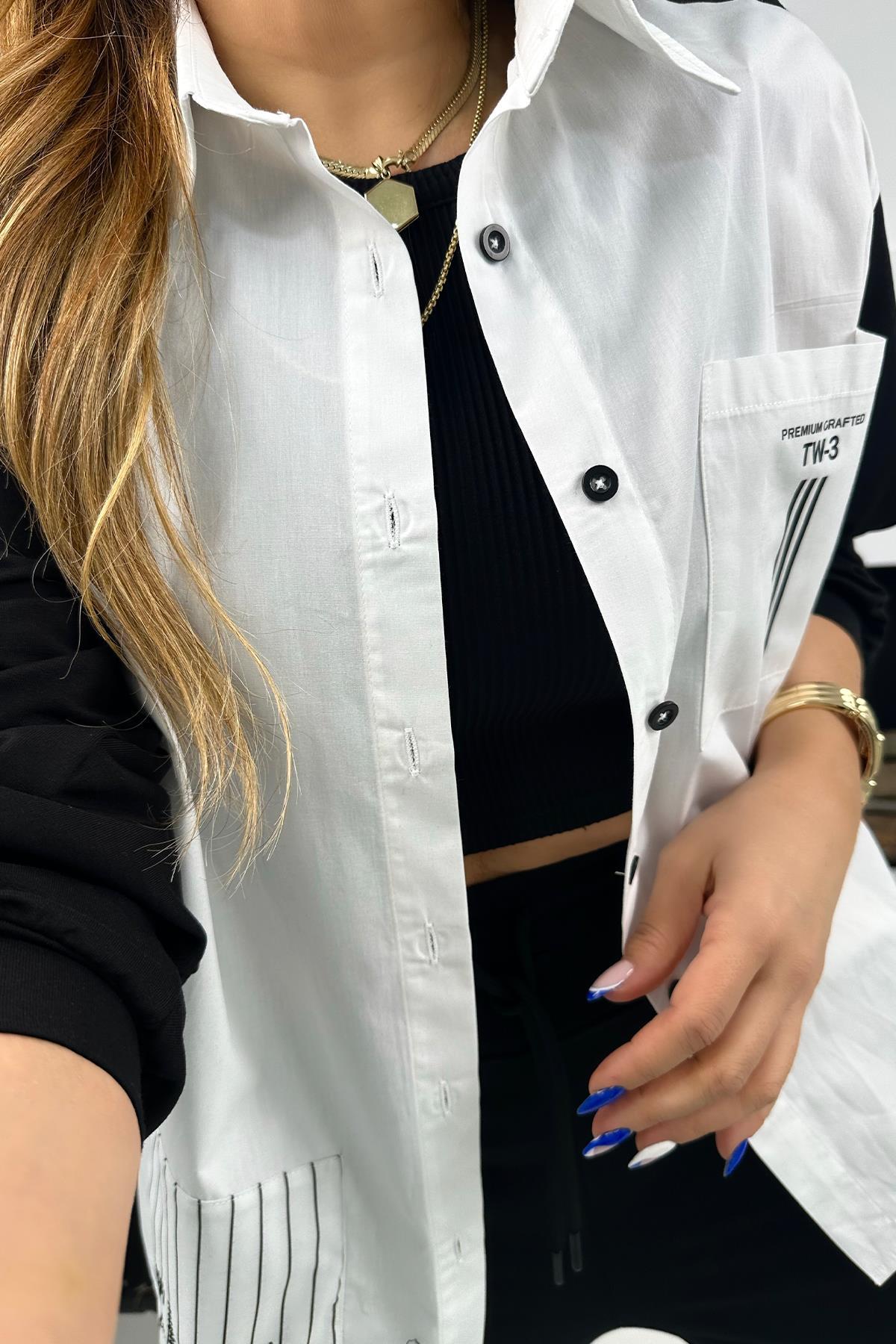 Tasarım Sweat Detaylı Gömlek Siyah-Beyaz