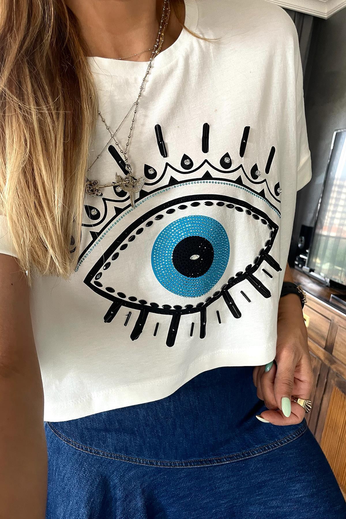 Taşlı Göz Tshirt Ekru