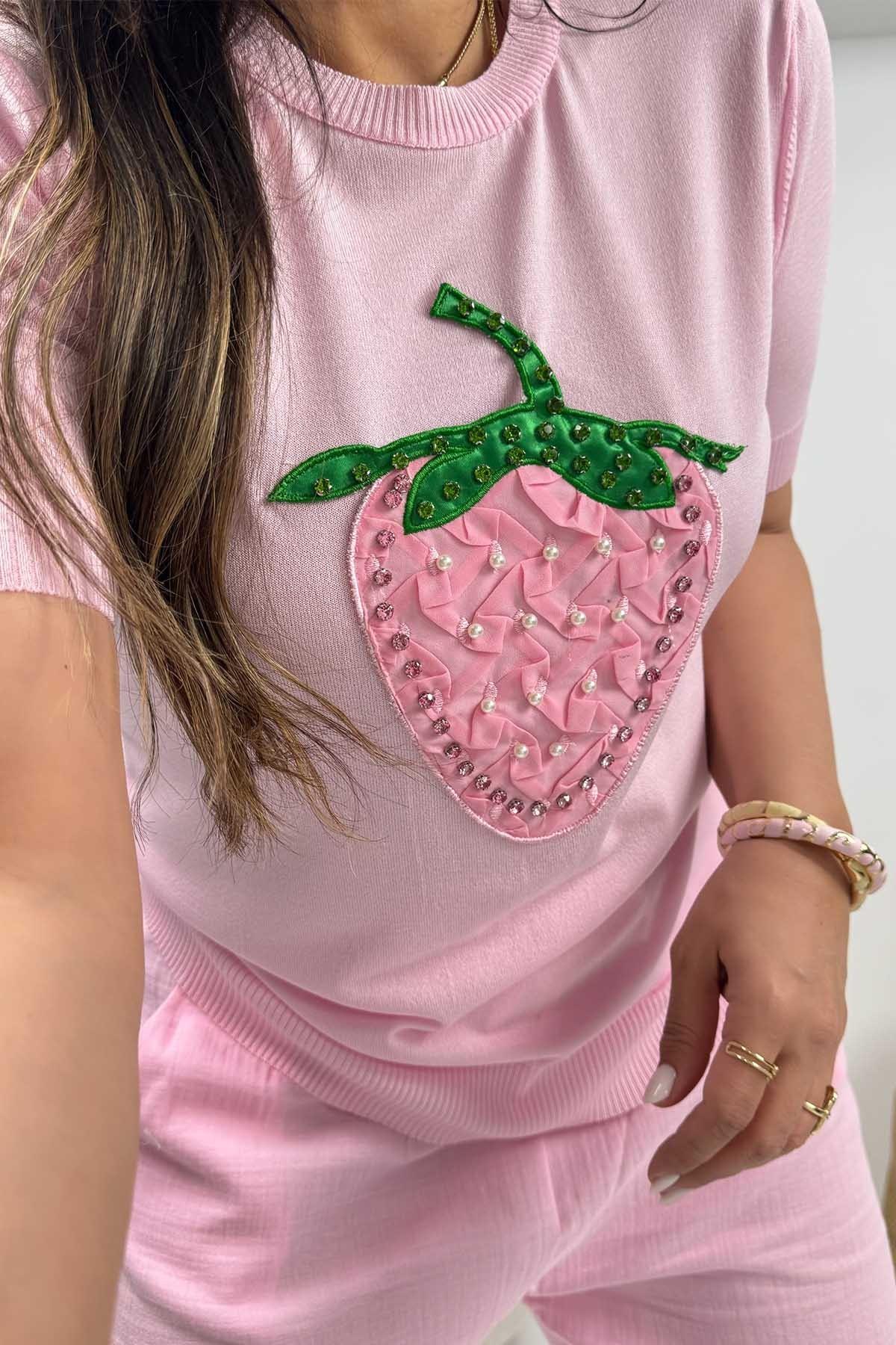 Taşlı İncili Çilek Aplikeli Triko Bluz Pembe