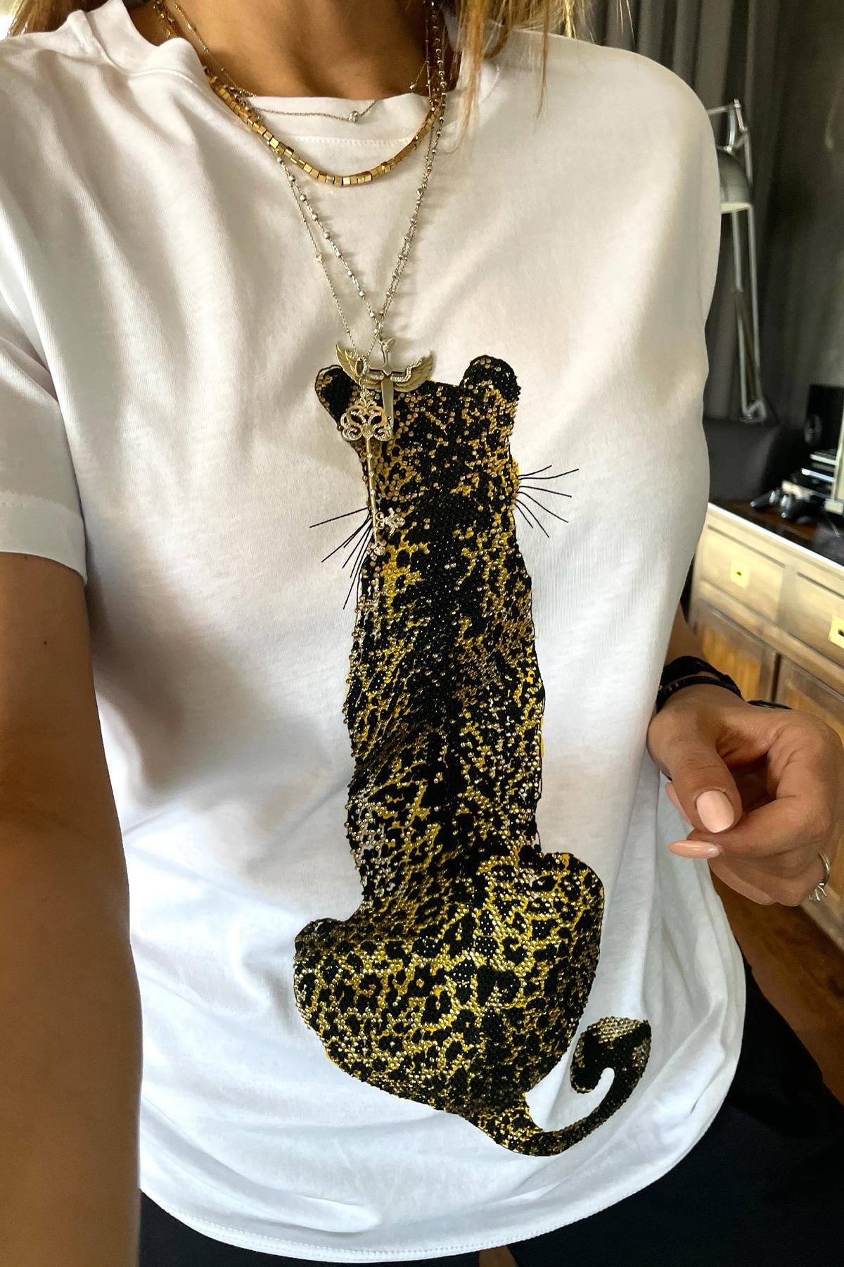 Taşlı Kaplan Baskılı Tshirt Beyaz