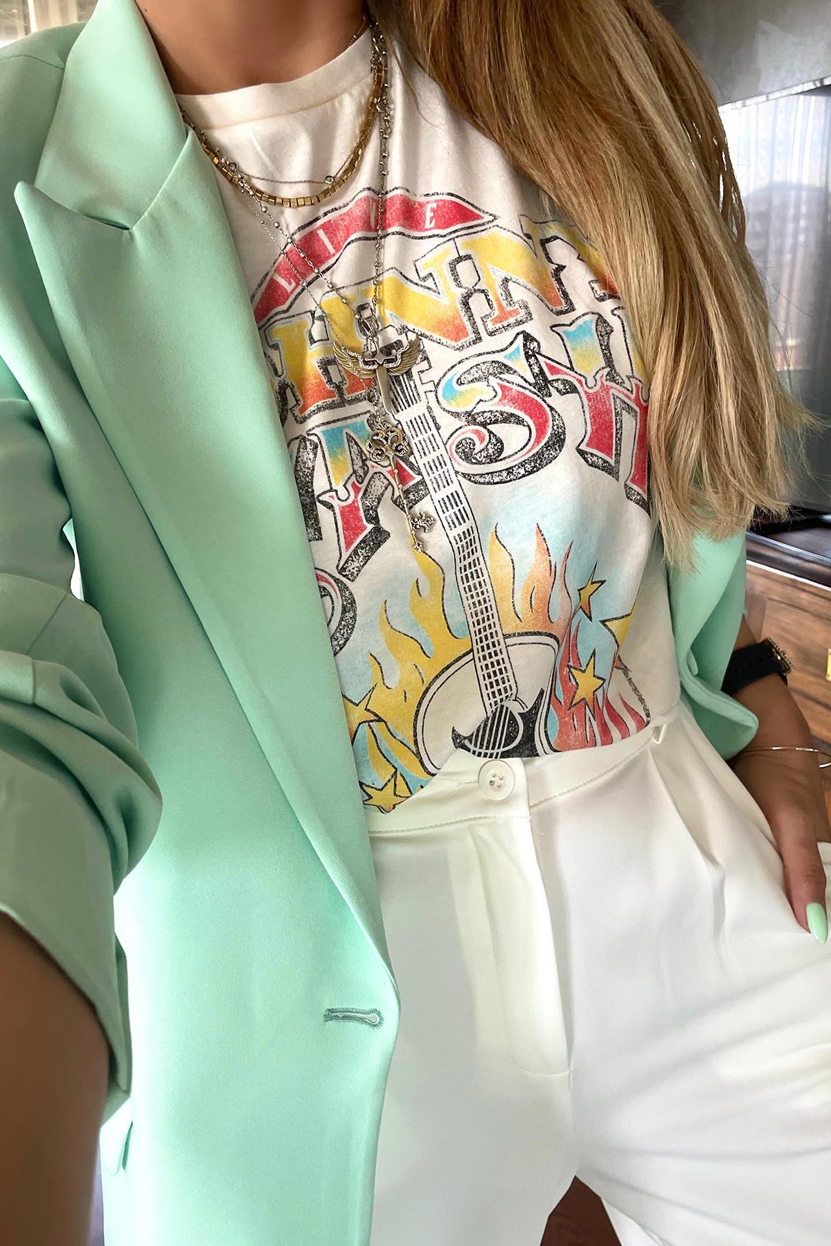 Tek Düğme Blazer Ceket Mint Yeşili