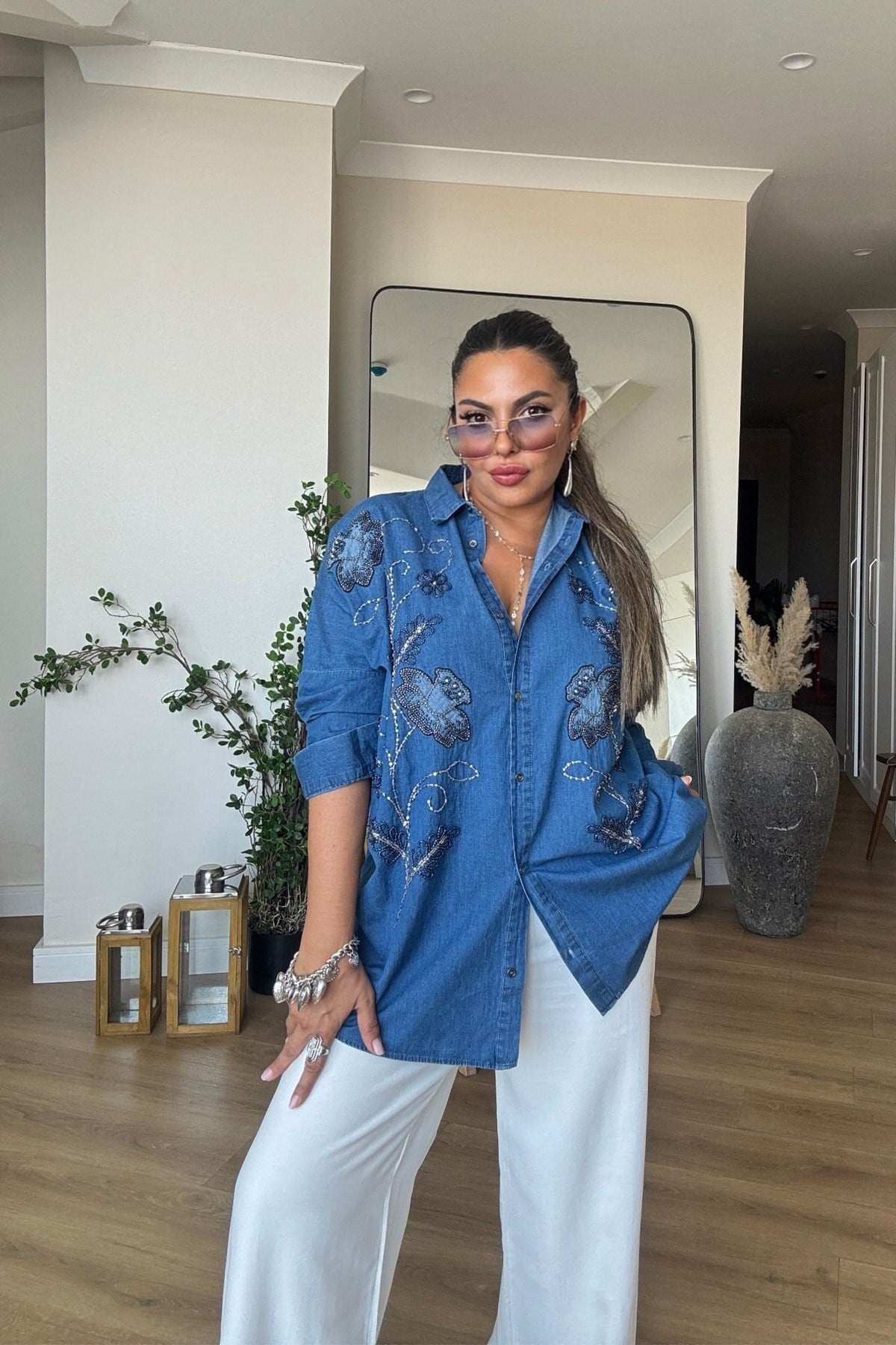 Tencel Denim Boncuk İşlemeli Gömlek Koyu Mavi