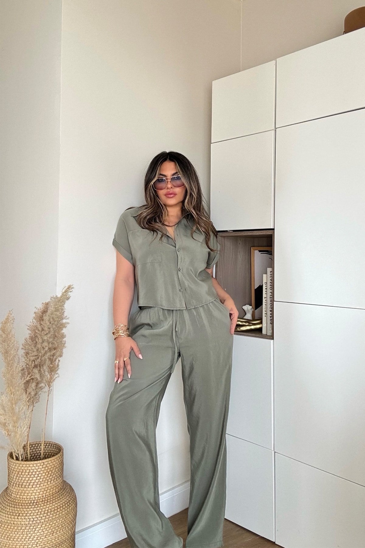 Tencel Kumaş Kısa Kollu Takım Haki