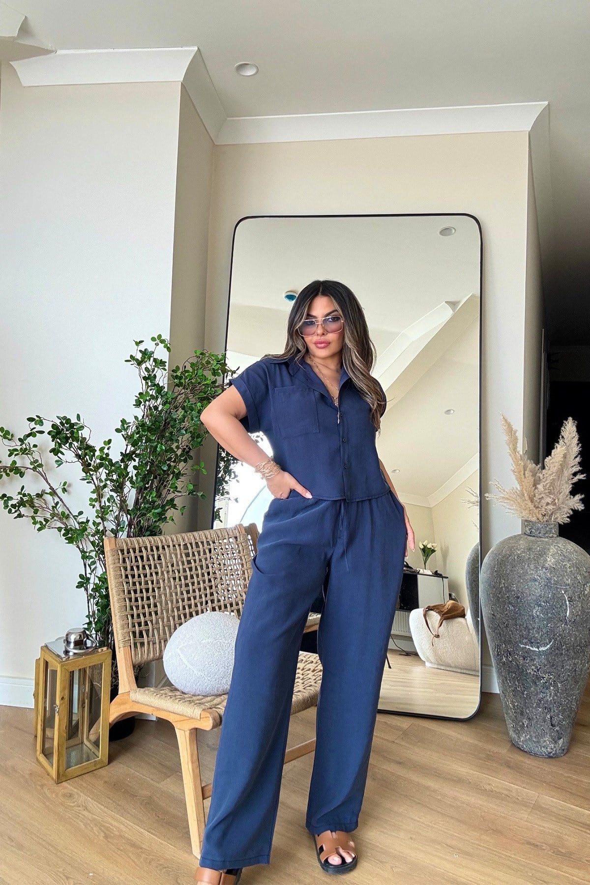 Tencel Kumaş Kısa Kollu Takım İndigo Mavi