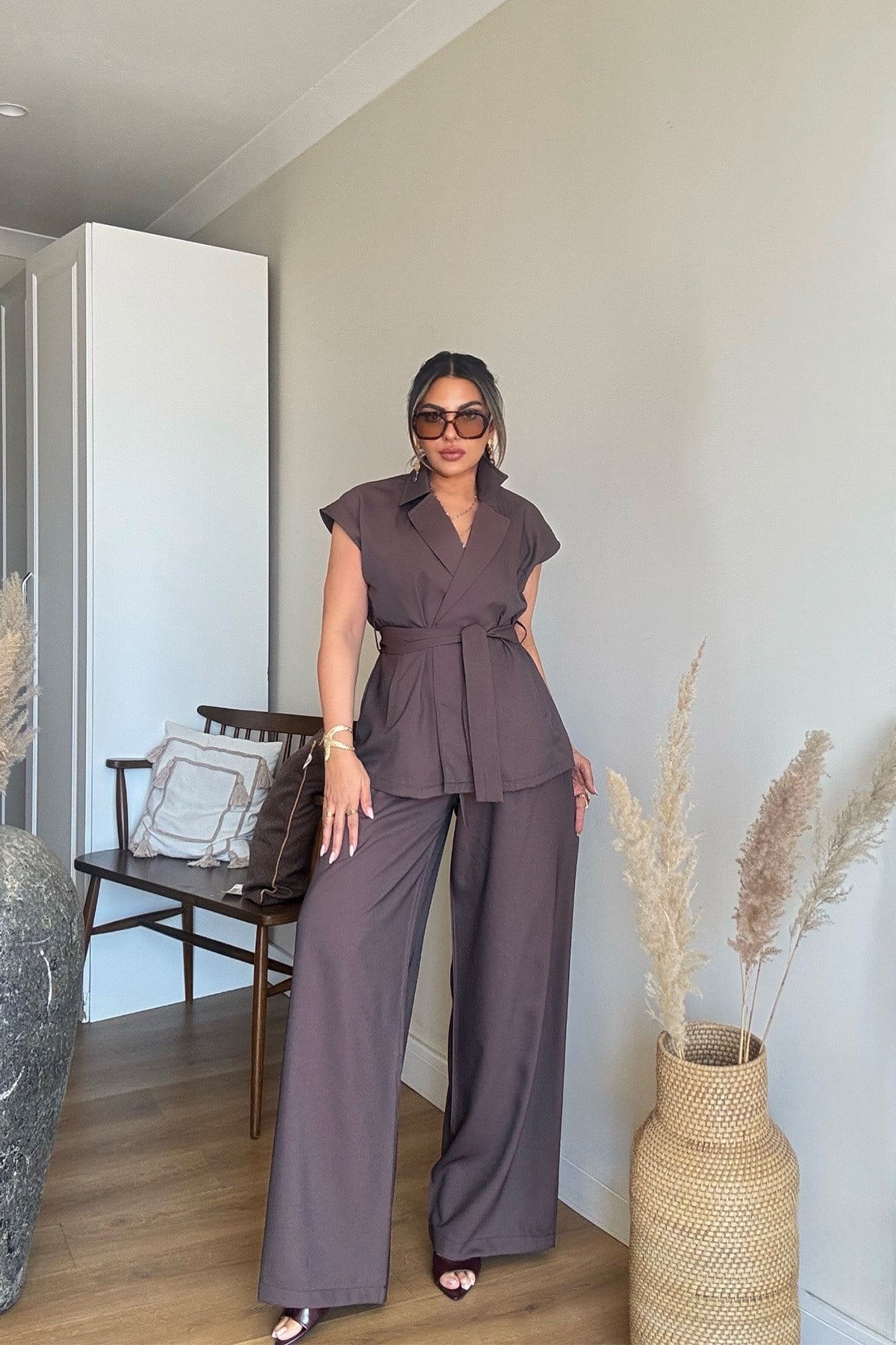 Tencel Kumaş Yelekli Takım Kahverengi