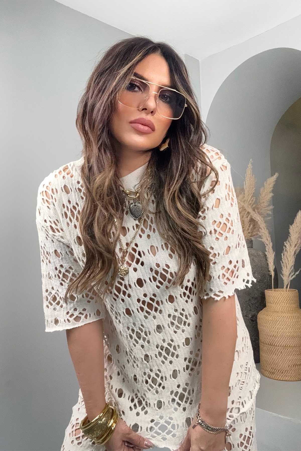 Triko Delikli Tshirt Taş