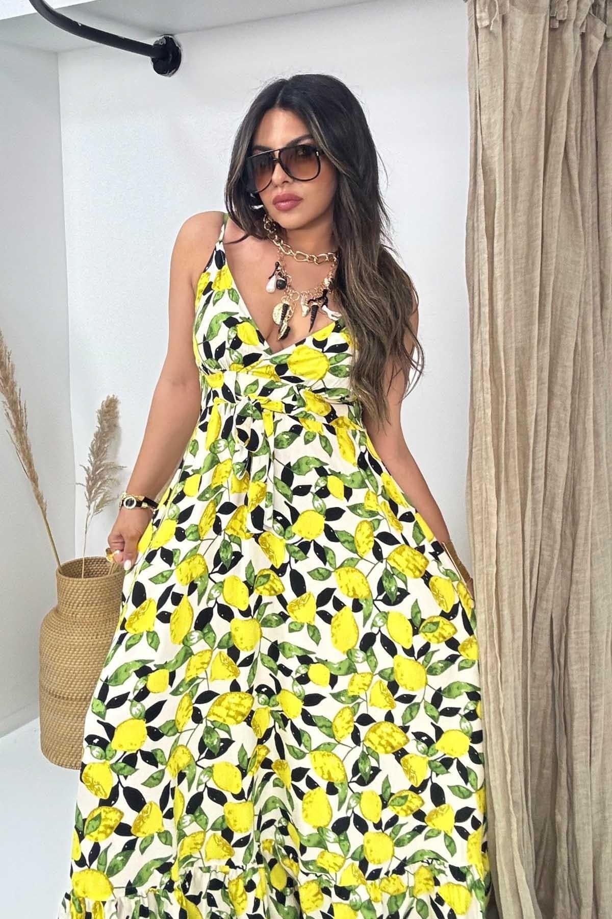 Üçgen Kup Detaylı Maxi Elbise Limon Sarısı