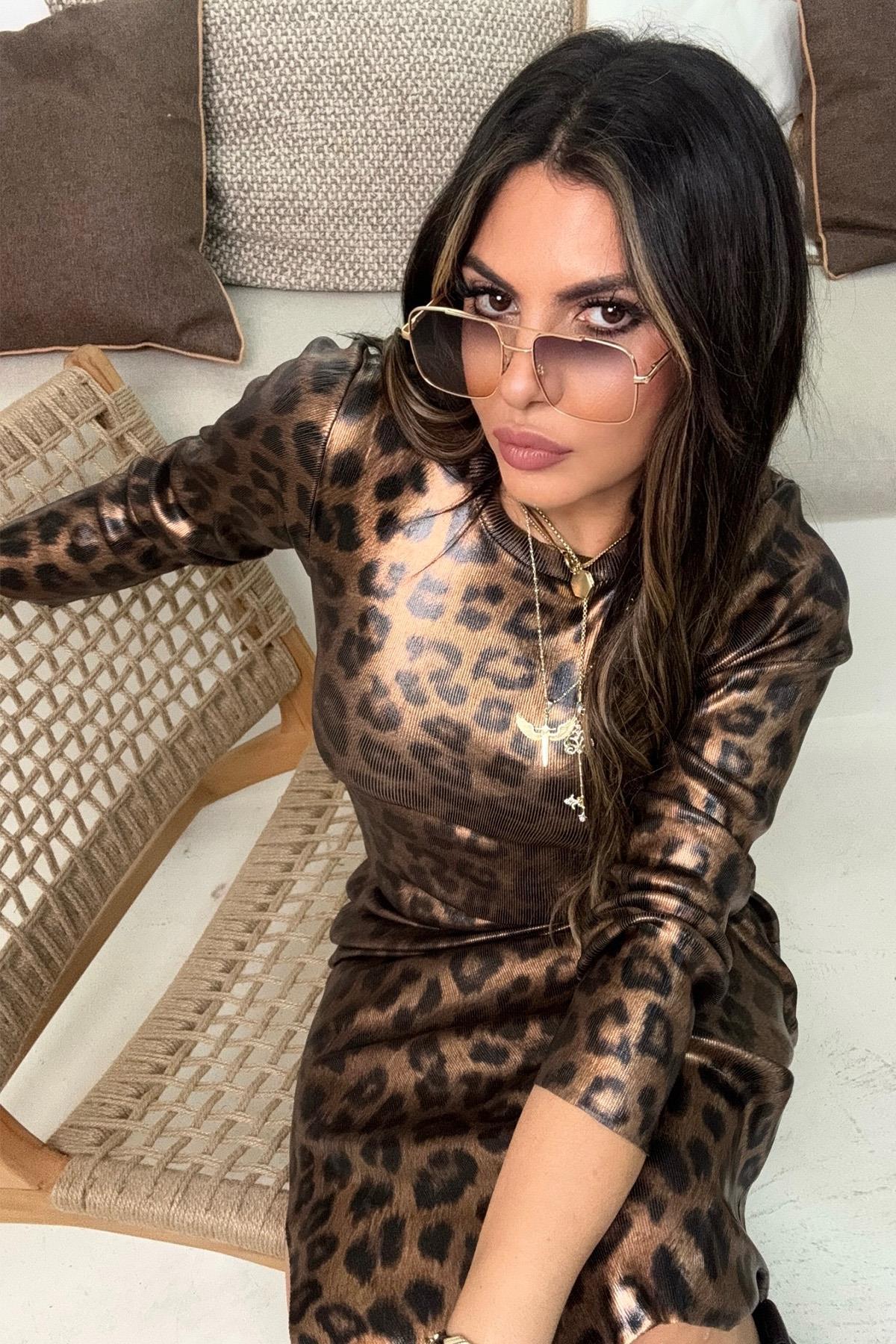 Varaklı Leopar Triko Midi Elbise Taba