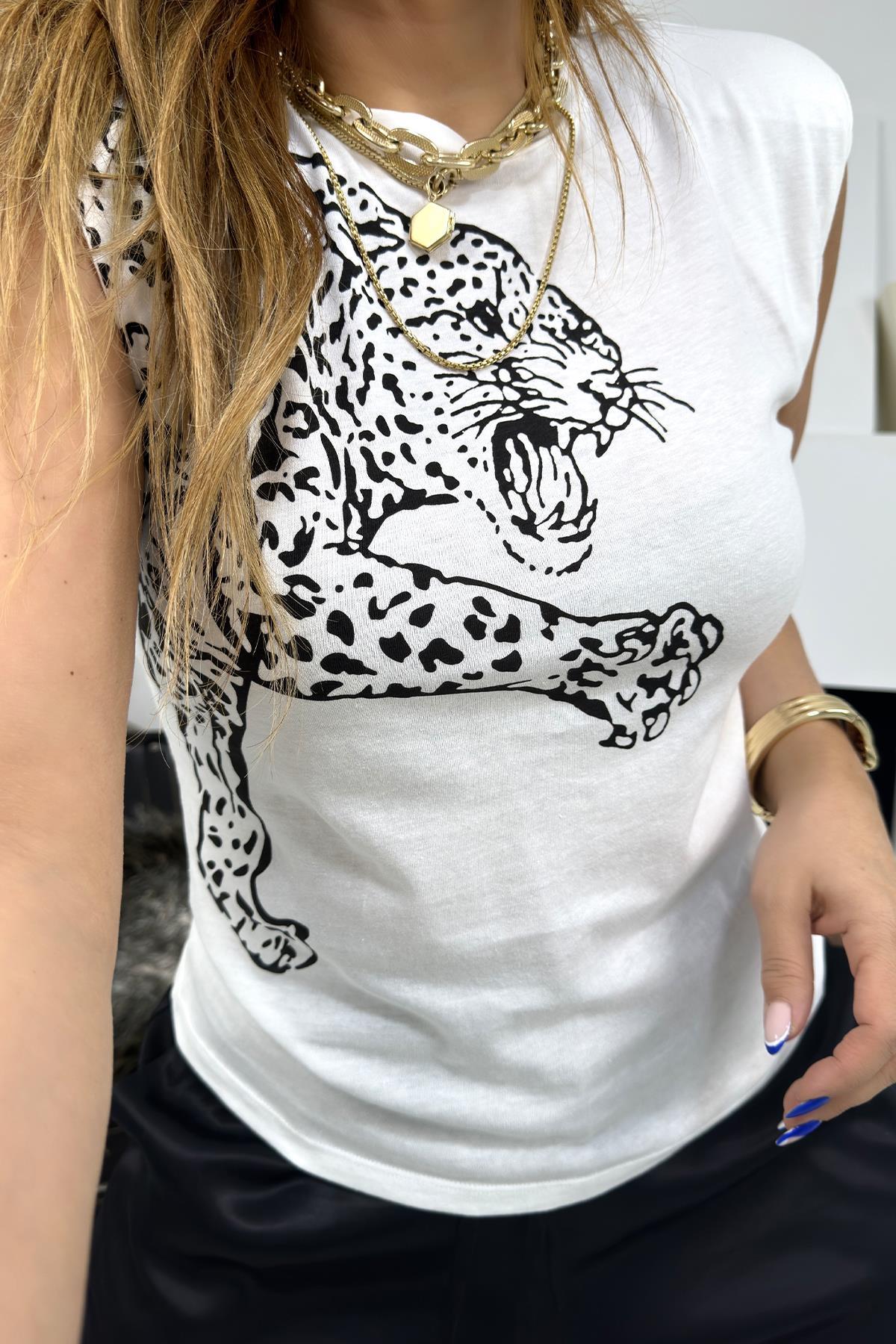 Vatkalı Kolsuz Kaplanlı Tshirt Beyaz