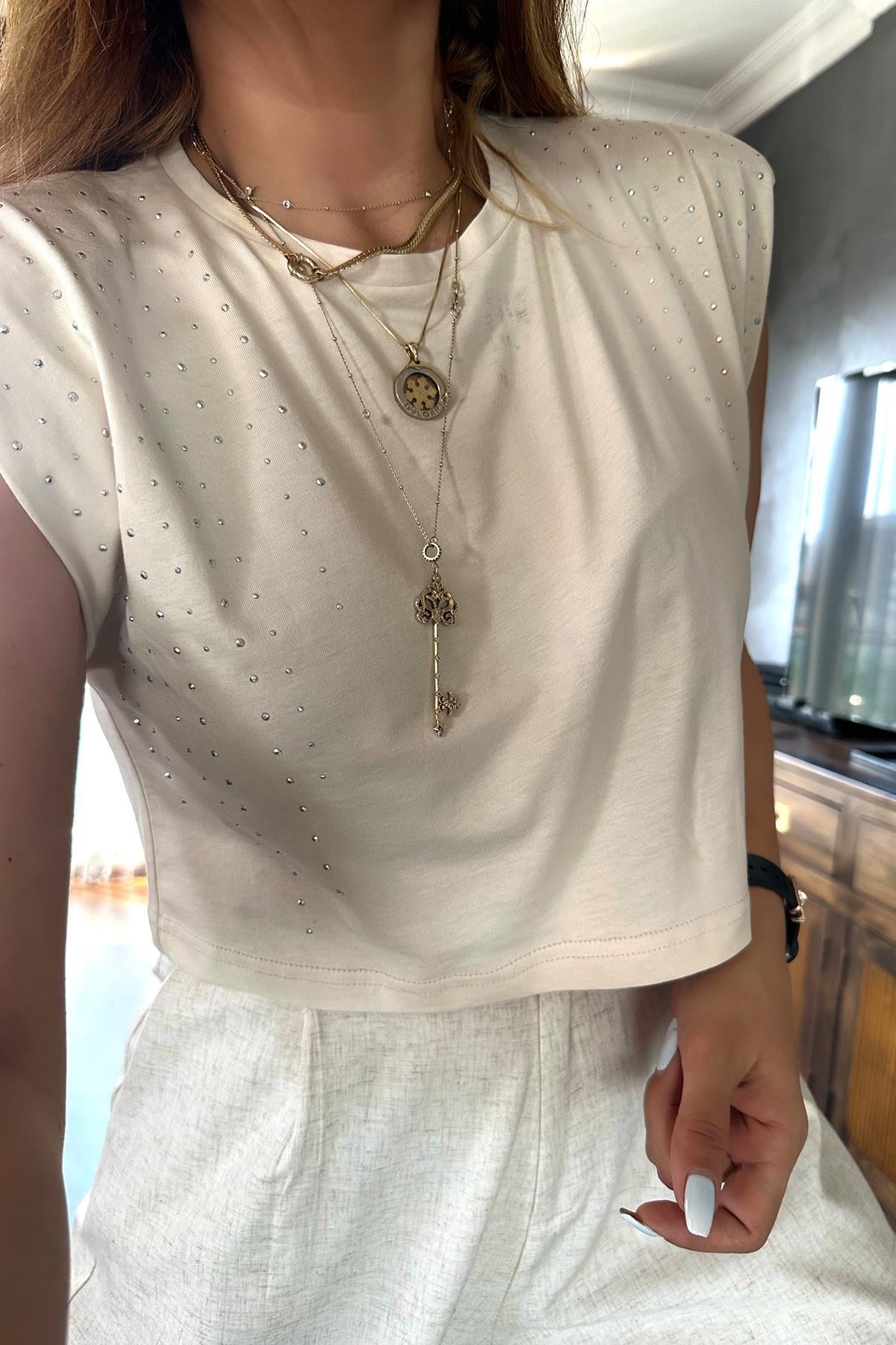 Vatkalı Troklu Kısa Tshirt Krem
