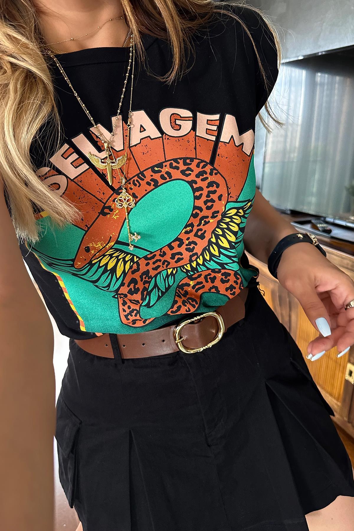 Vatkalı Yılan Desen Tshirt Siyah