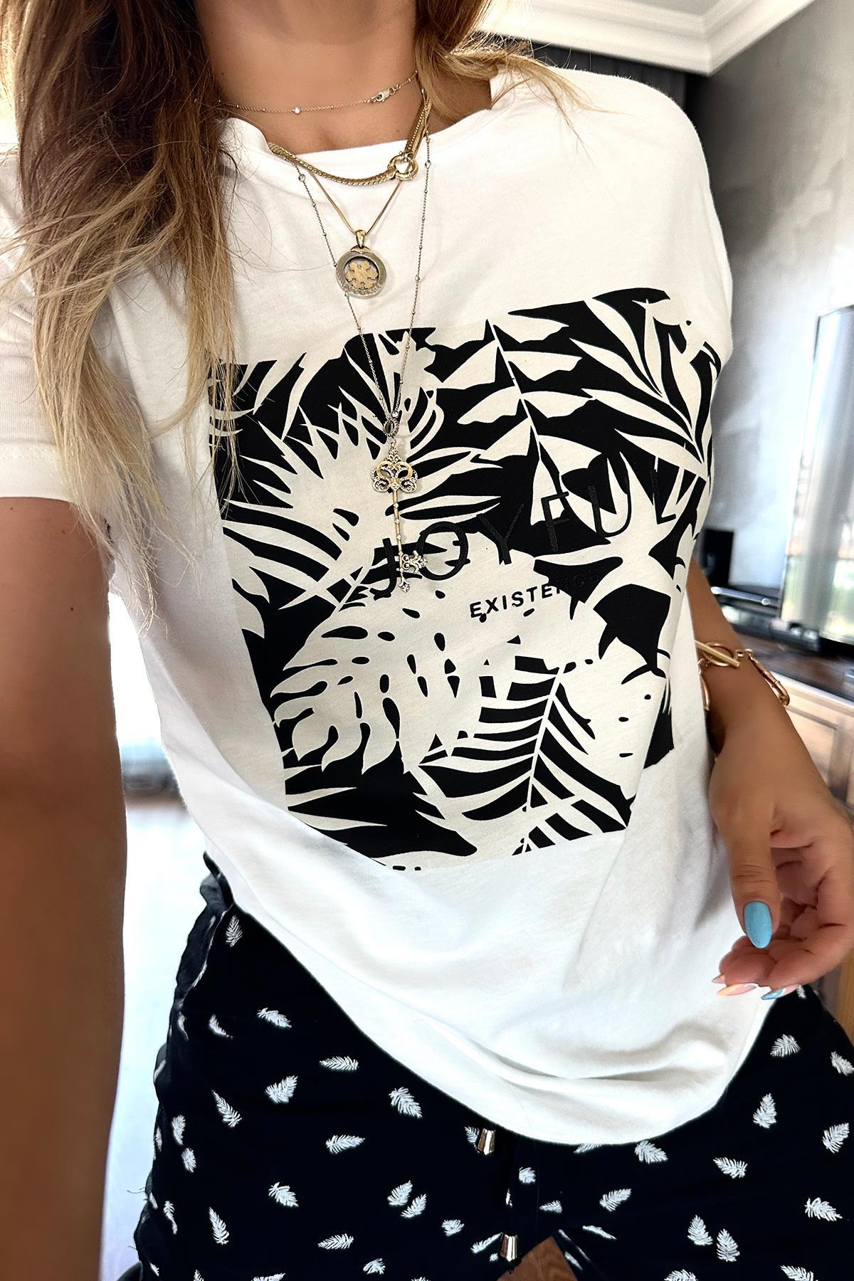 Yaprak Desen Joyful Tshirt Ekru