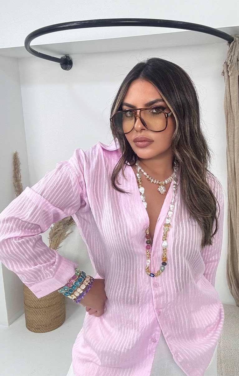 Yarı Transparan Çizgili Doku Gömlek Pembe