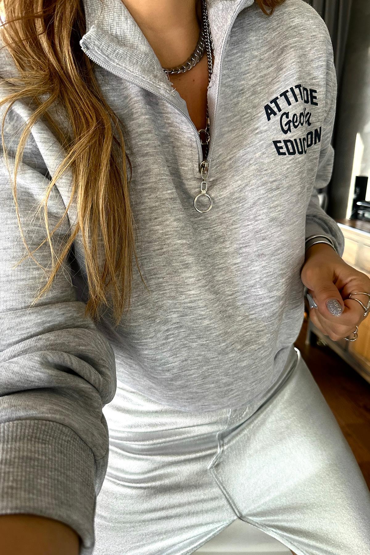Yarım Balıkçı Fermuarlı Kısa Sweat Gri