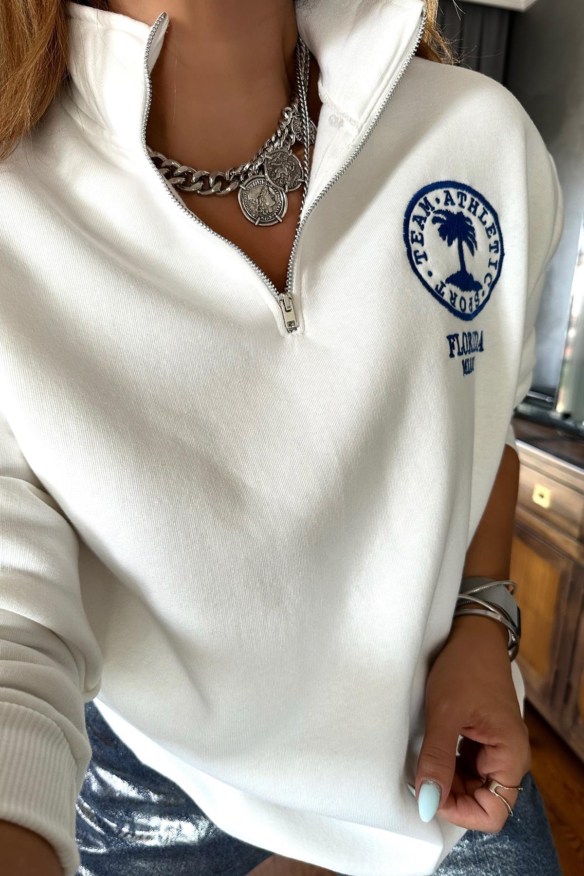 Yarım Balıkçı Fermuarlı Miami Sweat Ekru