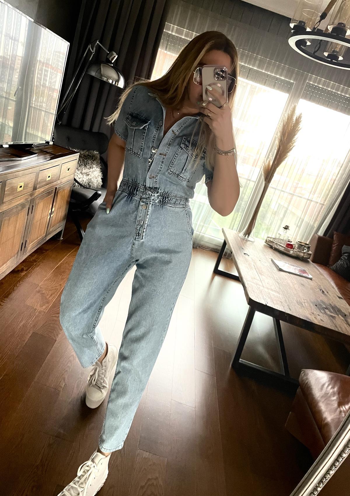 Yıkamalı Beli Lastik Jean Tulum Mavi