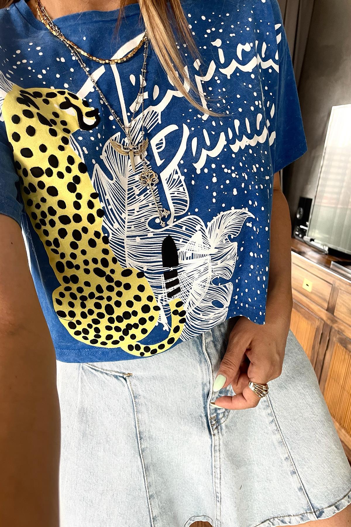 Yıkamalı Leopar İşleme Detay Tshirt Mavi