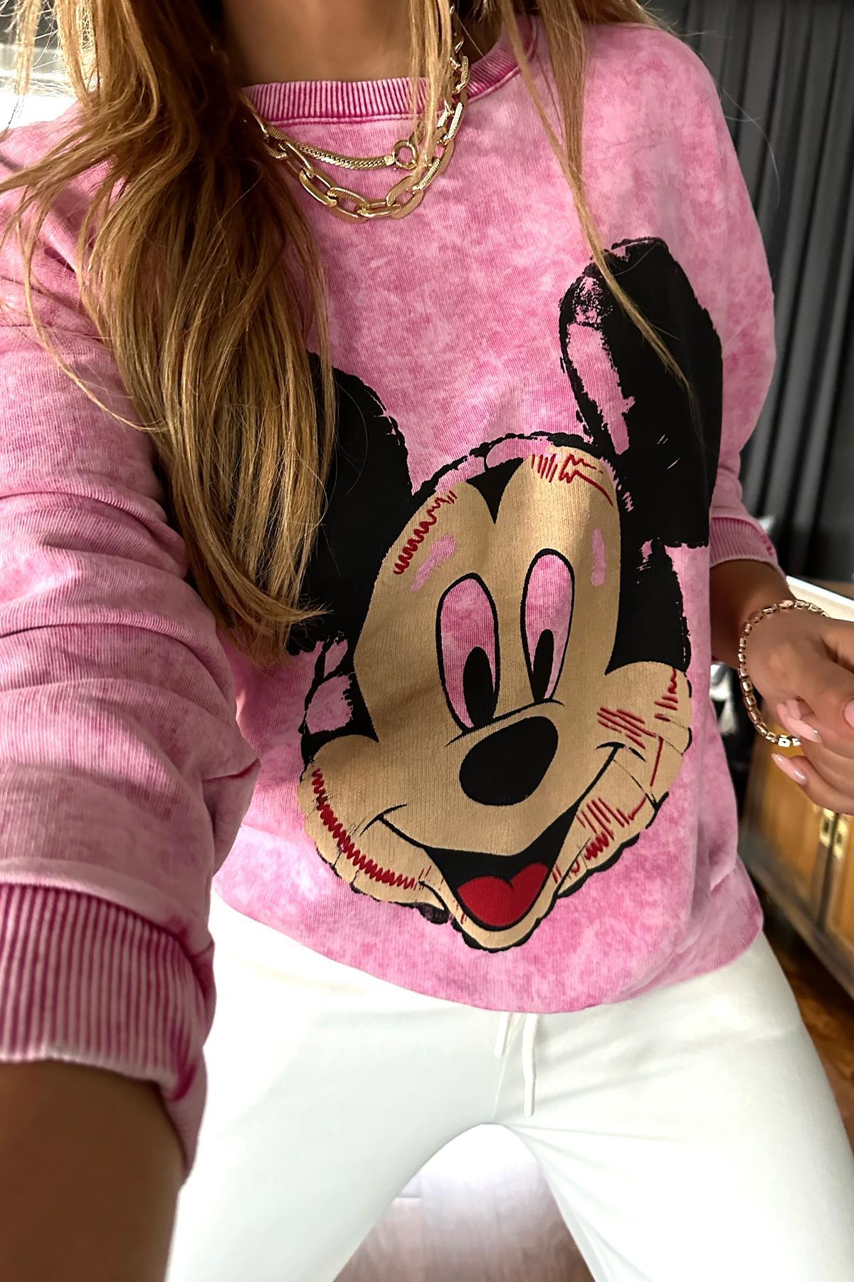 Yıkamalı Mickey Sweat Pembe