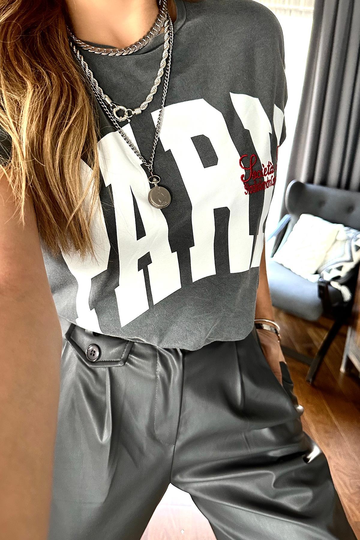 Yıkamalı Paris Tshirt Gri