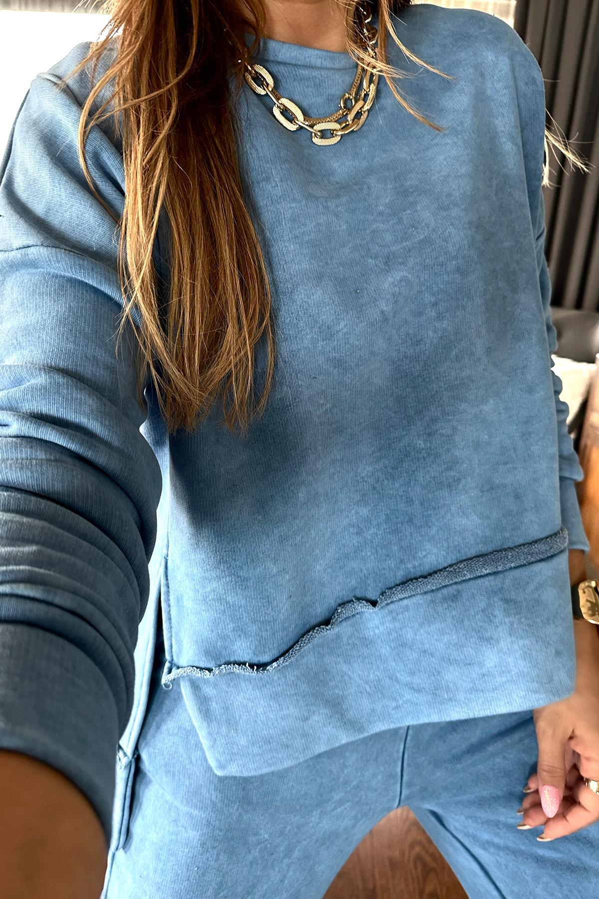 Yıkamalı Tasarım Sweat Mavi